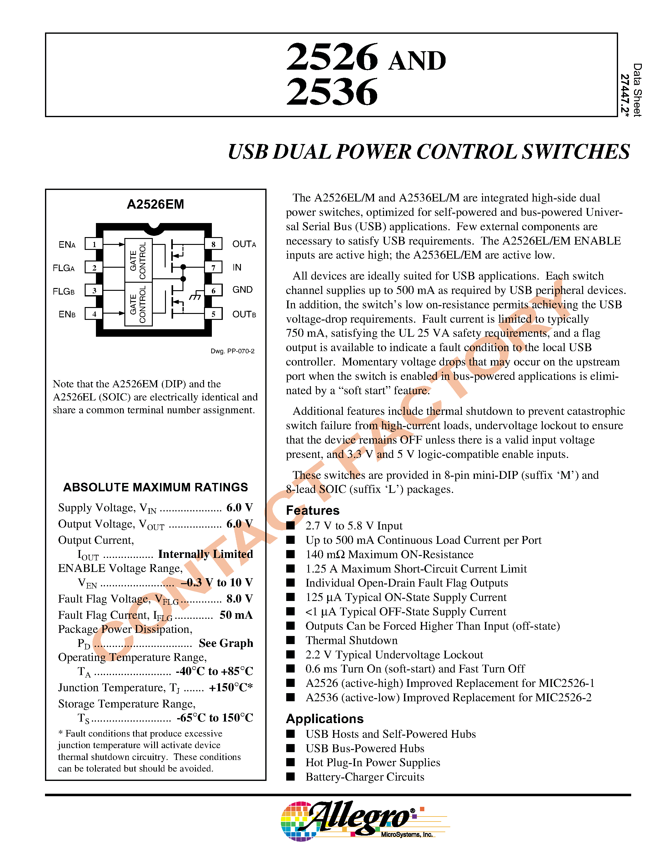 Datasheet A2536EL - USB DUAL POWER CONTROL SWITCHES page 1
