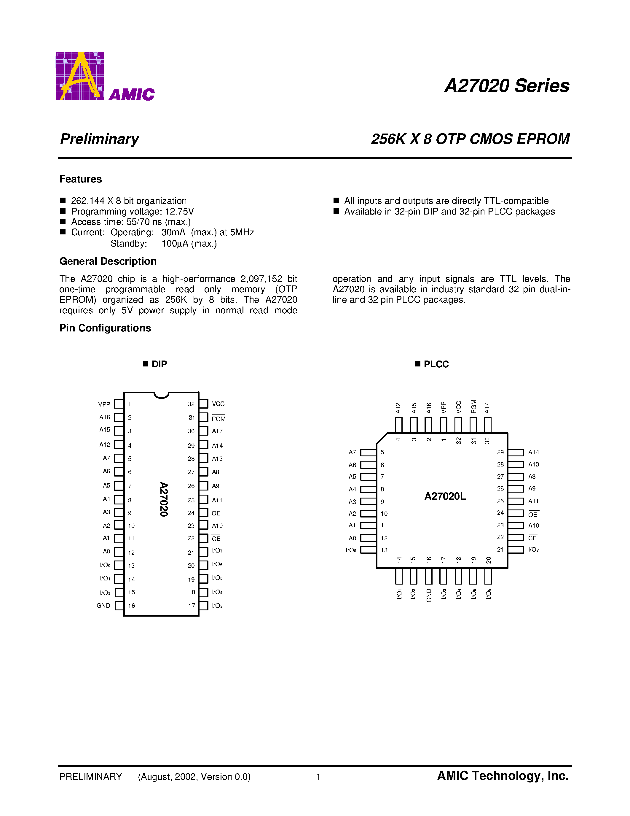Datasheet A27020-70 - 256K X 8 OTP CMOS EPROM page 2