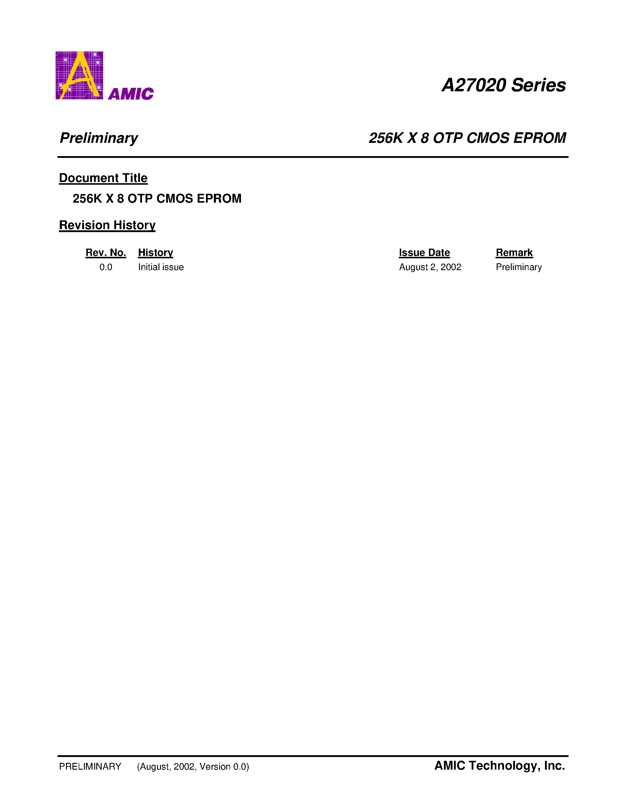 Datasheet A27020L-55 - 256K X 8 OTP CMOS EPROM page 1