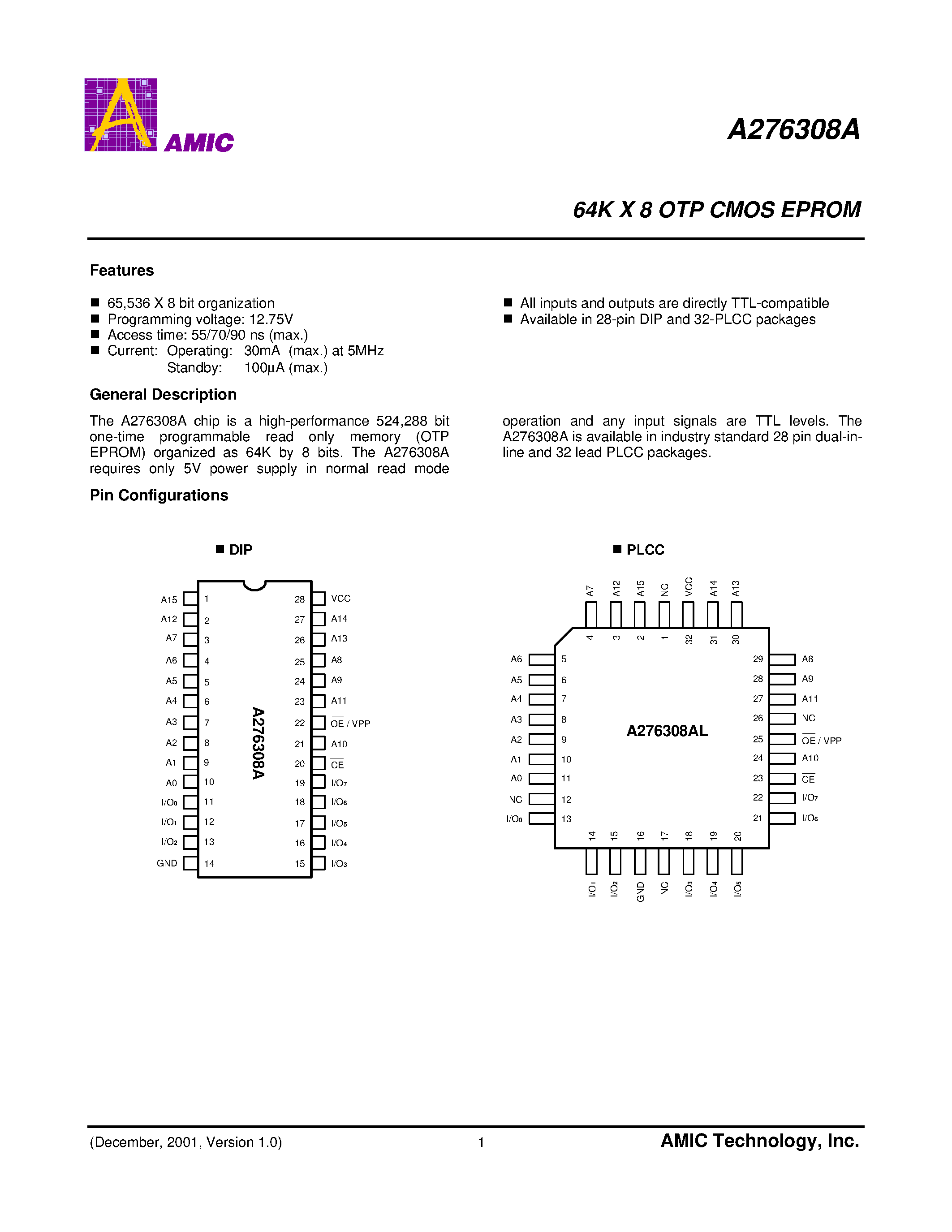 Datasheet A276308A-90 - 64K X 8 OTP CMOS EPROM page 2