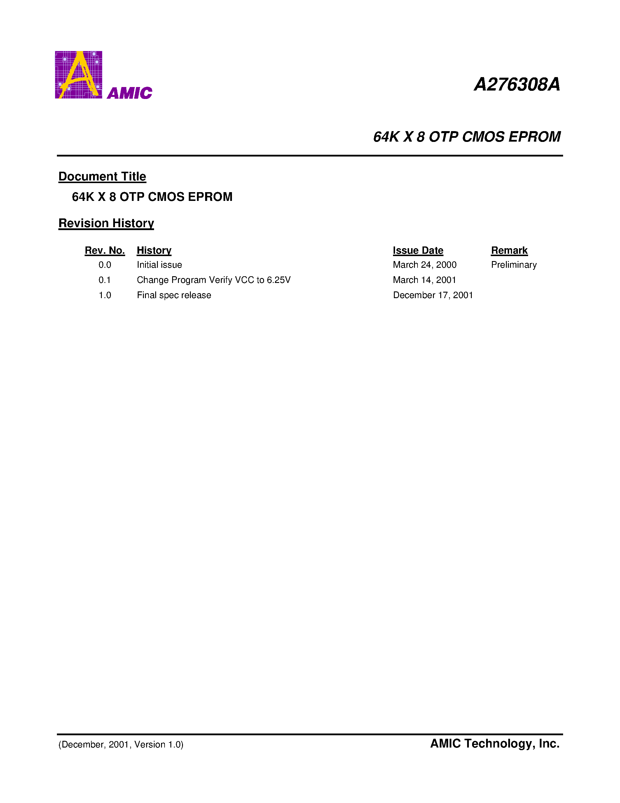 Datasheet A276308AL-90 - 64K X 8 OTP CMOS EPROM page 1