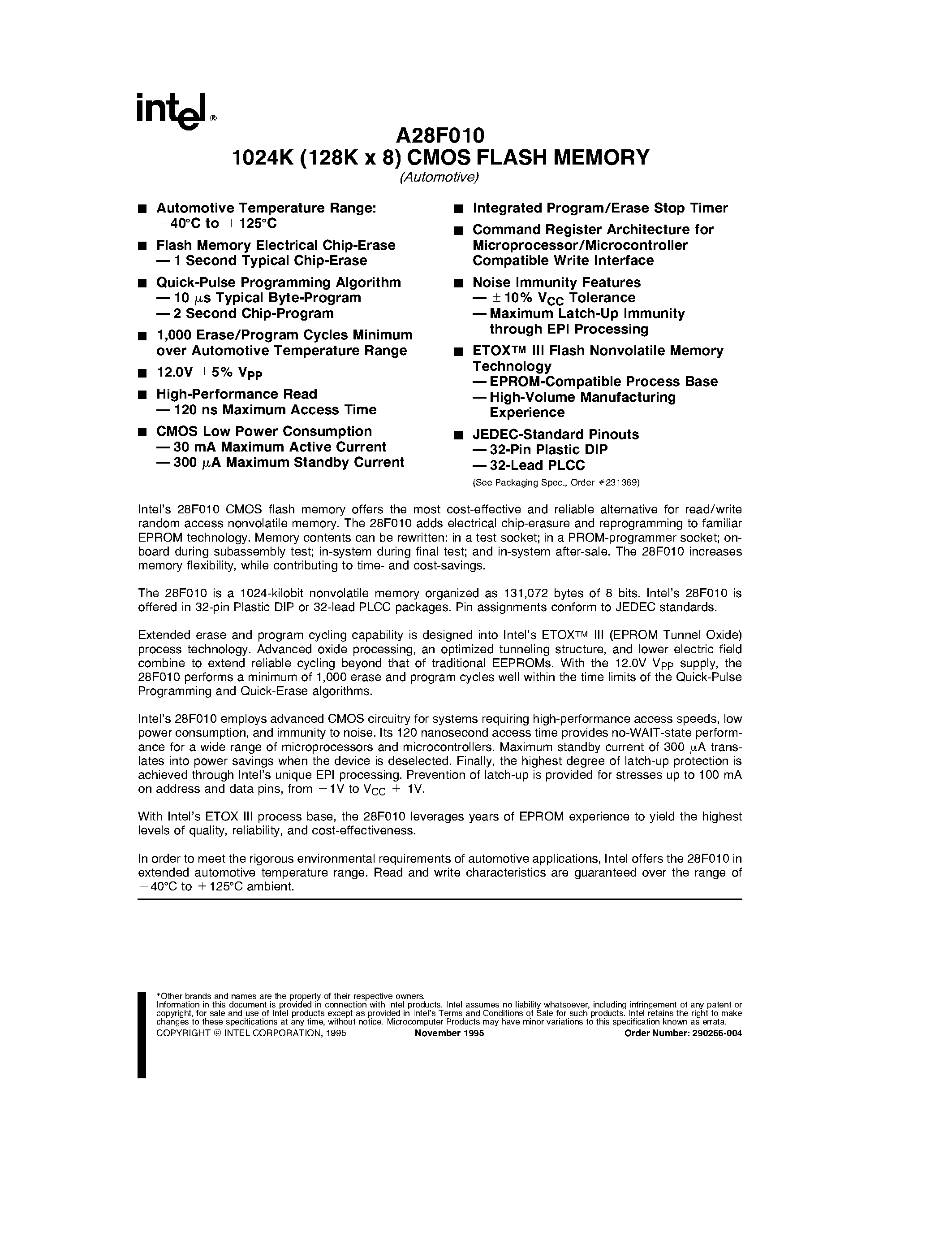 Datasheet A28F010 page 1 Datasheet A28F010 - 1024K (128K x 8) CMOS FLASH MEMORY page 1