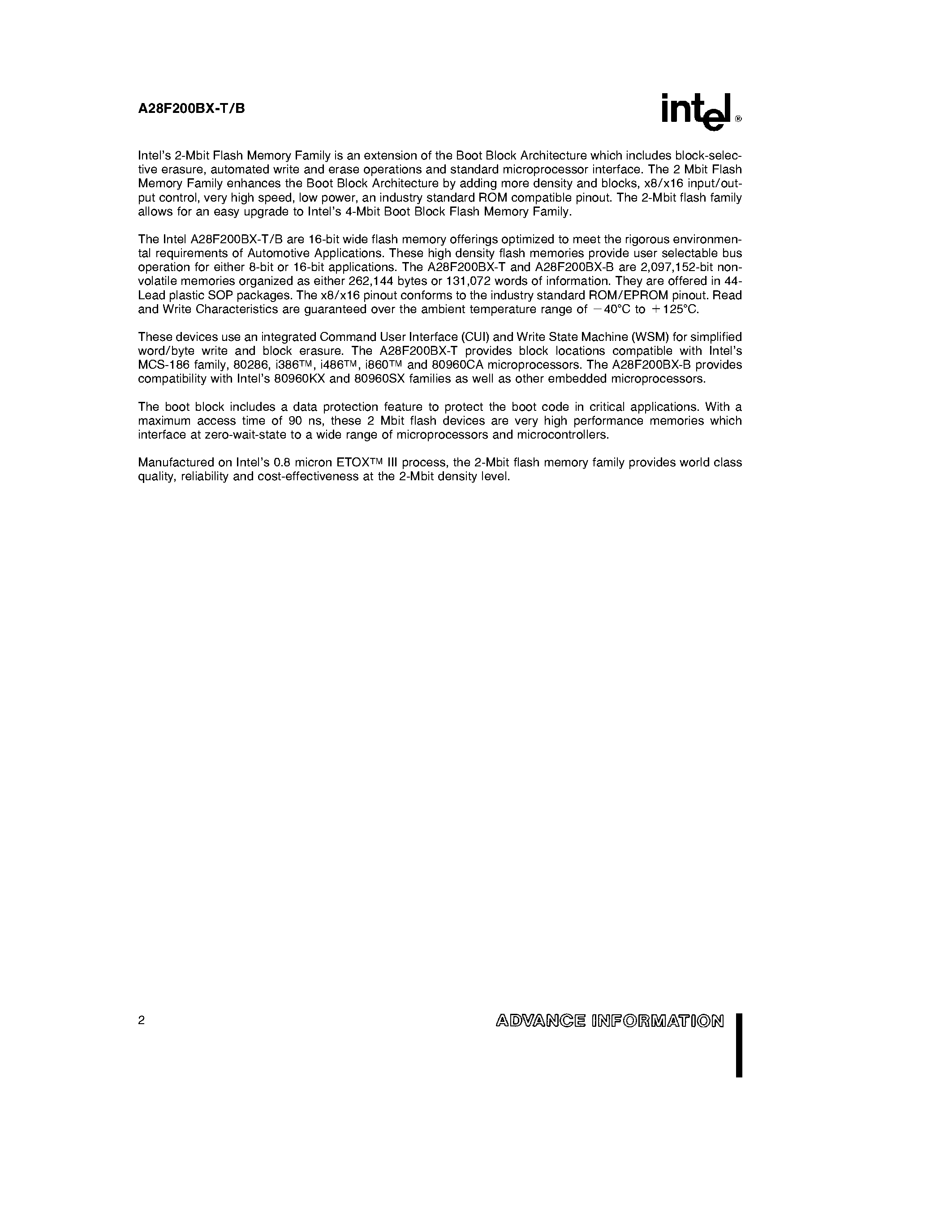 Datasheet A28F200BX-T - 2-MBIT (128K x 16/ 256K x 8) BOOT BLOCK FLASH MEMORY FAMILY page 2