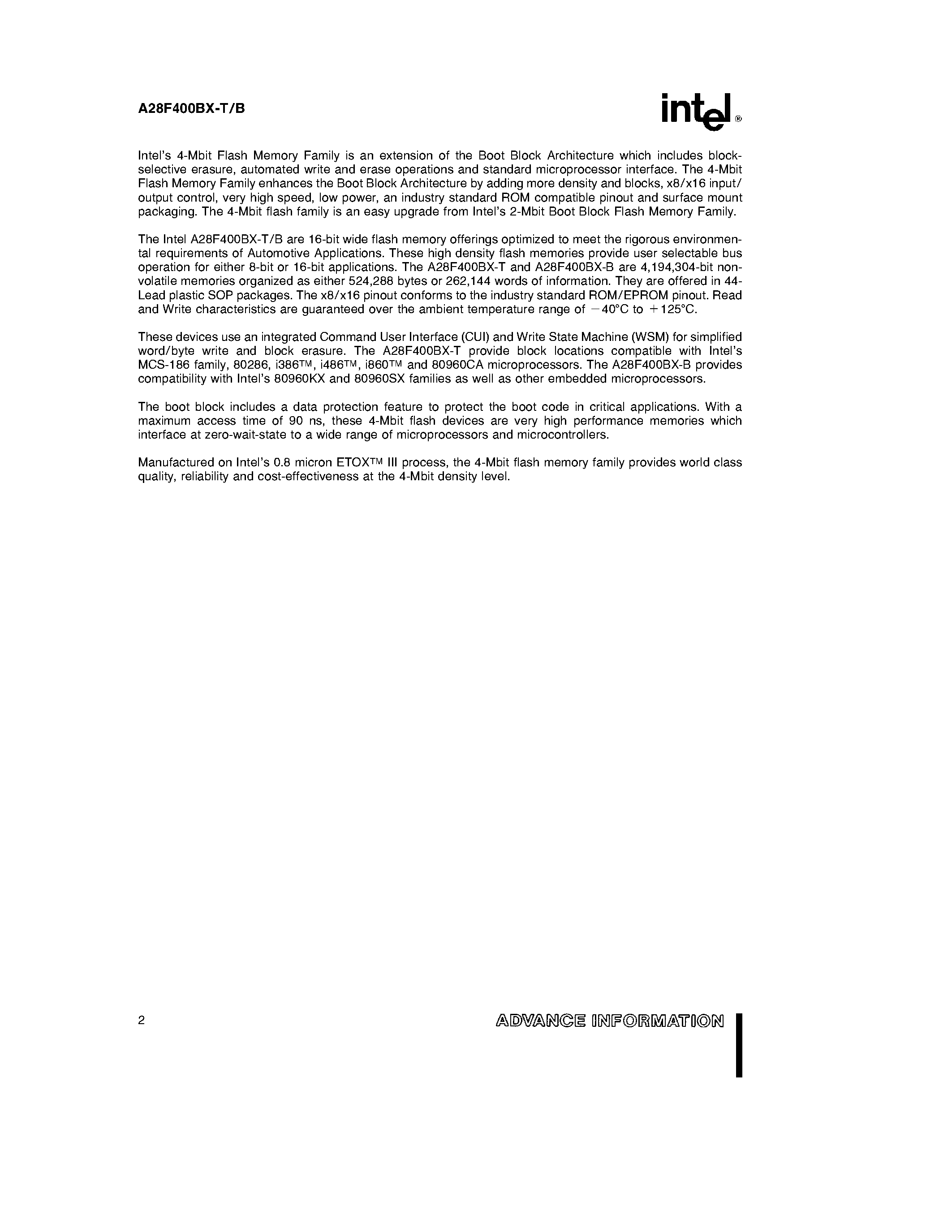 Datasheet A28F400BX-T page 2 Datasheet A28F400BX-T - 4-MBIT 256K x16/ 512K x8 BOOT BLOCK FLASH MEMORY FAMILY page 2
