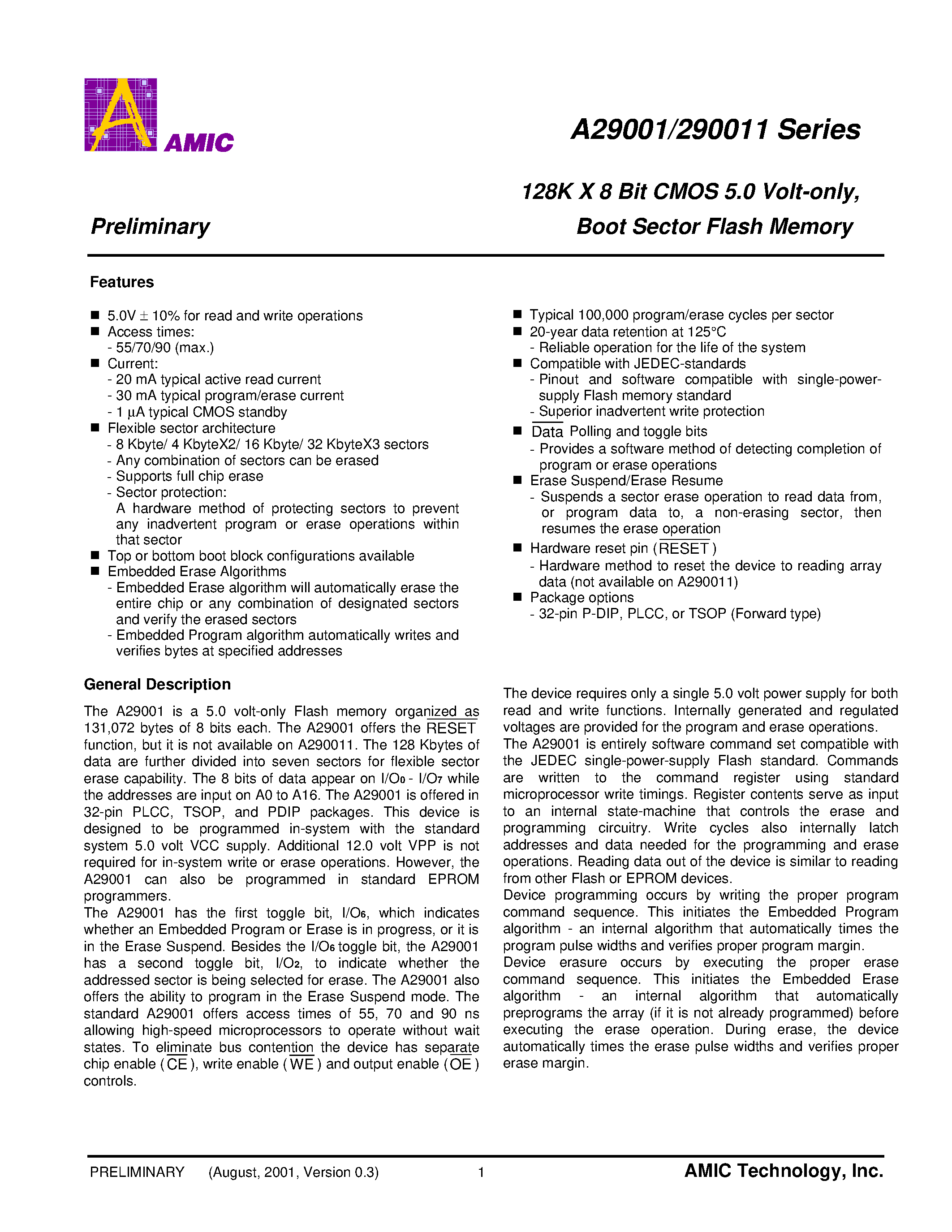 Datasheet A29001UV-70 - 128K X 8 Bit CMOS 5.0 Volt-only/ Boot Sector Flash Memory page 1