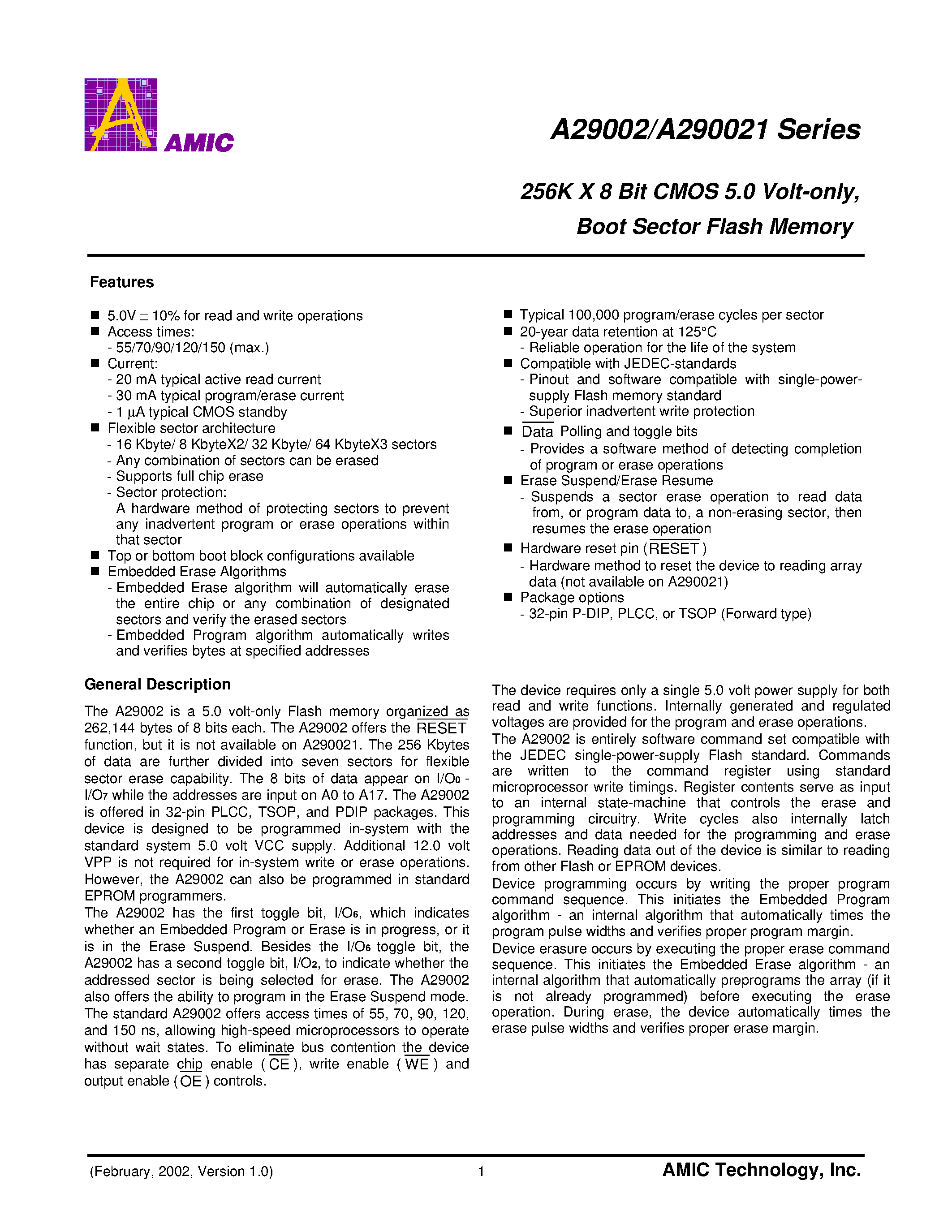 Datasheet A29002TL-90 - 256K X 8 Bit CMOS 5.0 Volt-only/ Boot Sector Flash Memory page 1