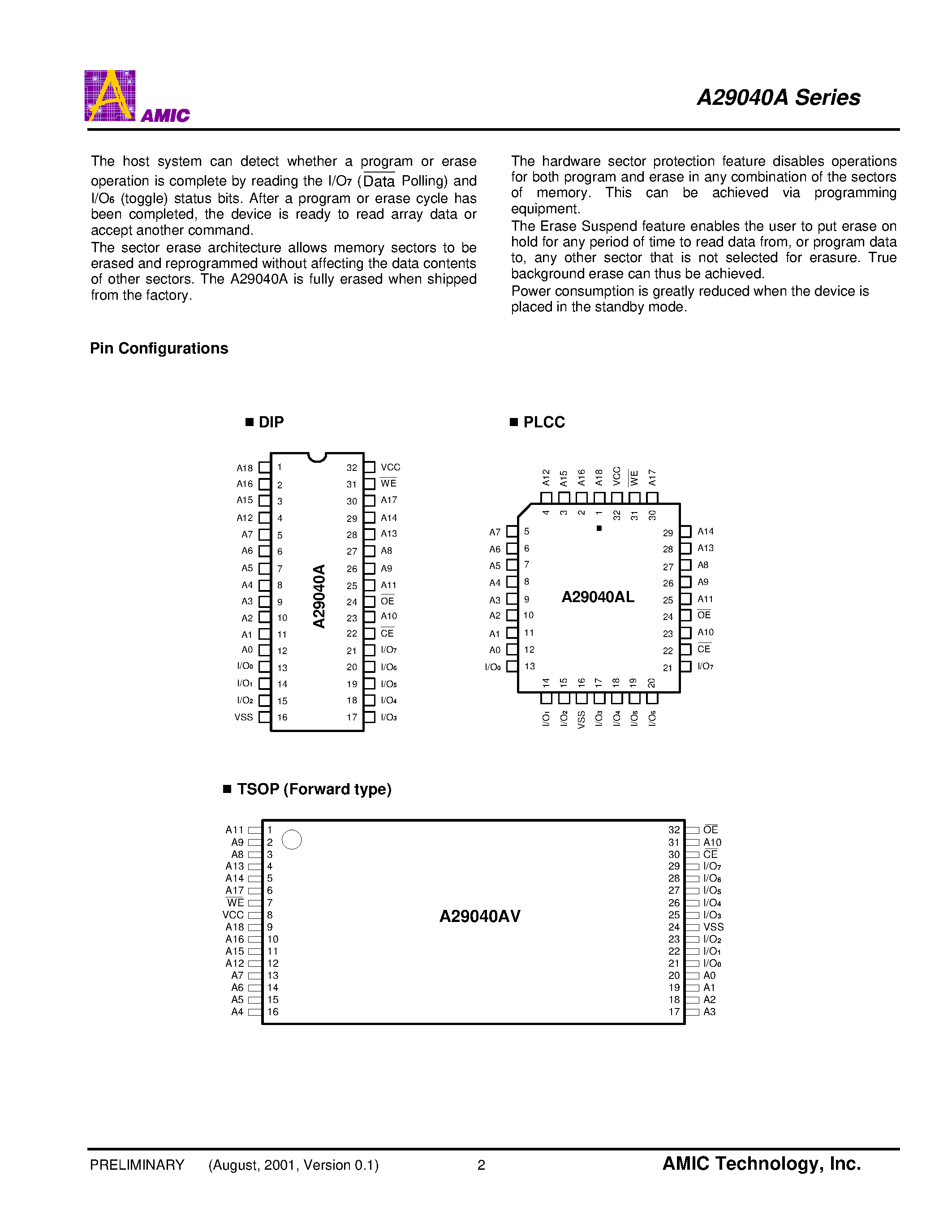 Datasheet A29400TM-90 - 512K X 8 Bit / 256K X 16 Bit CMOS 5.0 Volt-only/ Boot Sector Flash Memory page 2