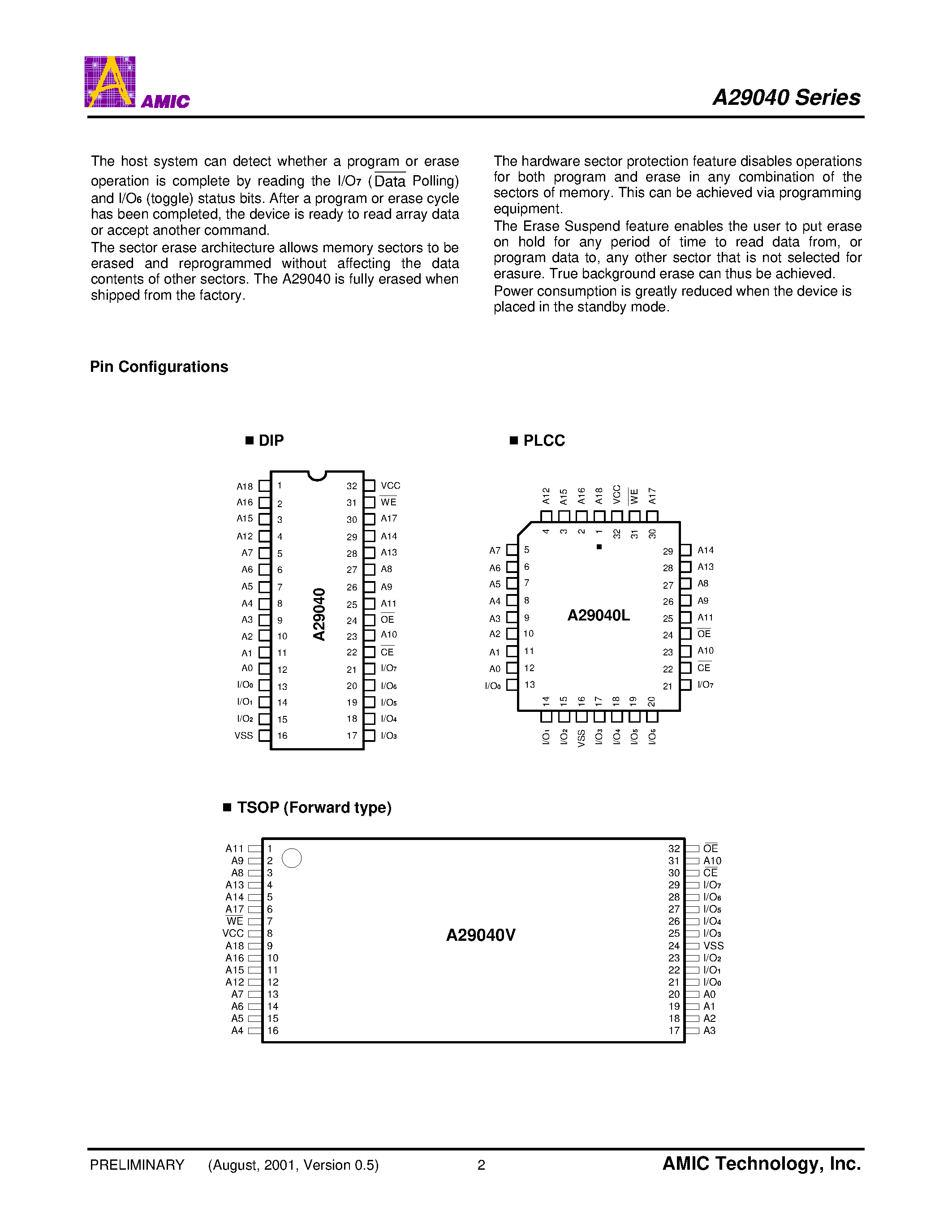 Datasheet A29400UM-55 - 512K X 8 Bit / 256K X 16 Bit CMOS 5.0 Volt-only/ Boot Sector Flash Memory page 2