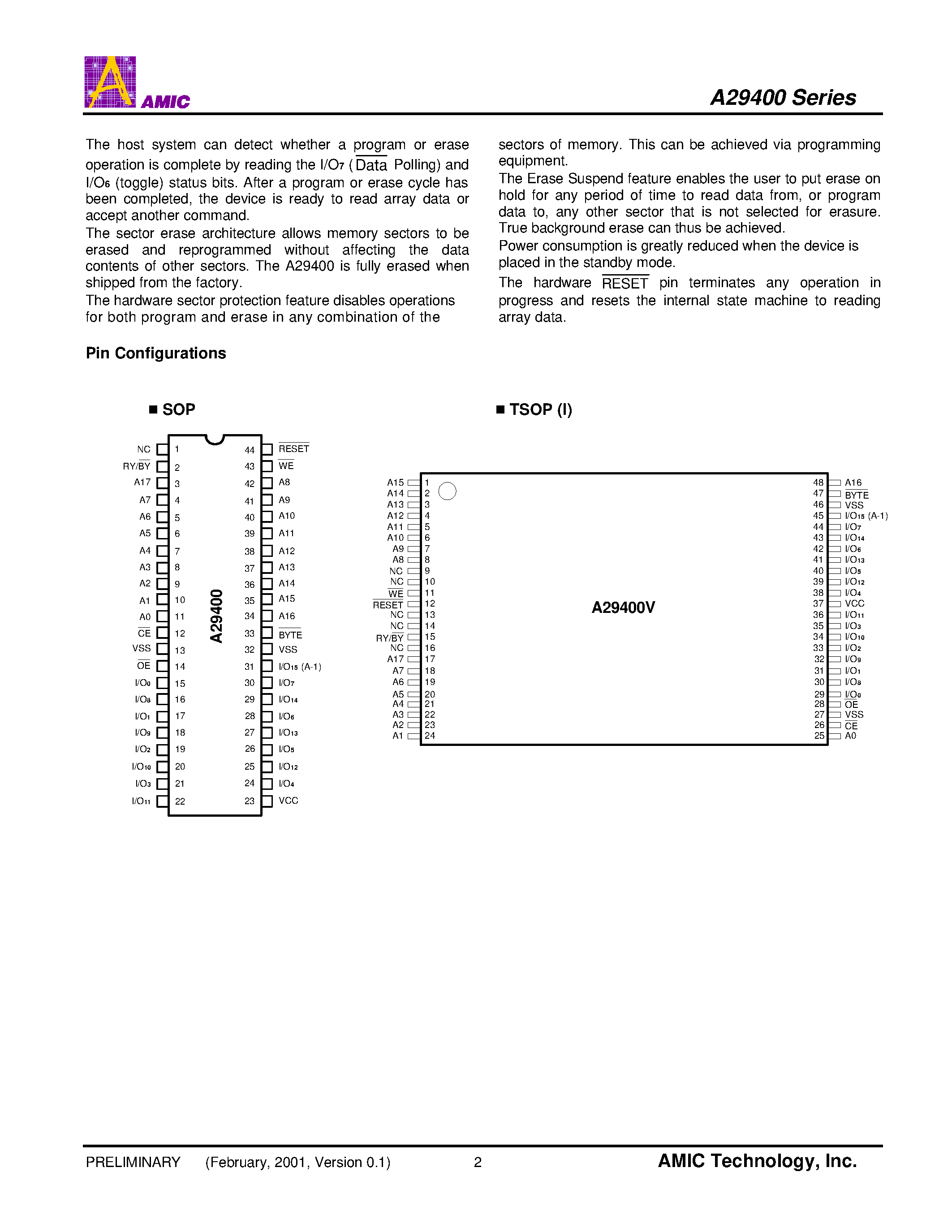 Datasheet A29512-90 - 64K X 8 Bit CMOS 5.0 Volt-only/ Uniform Sector Flash Memory page 2