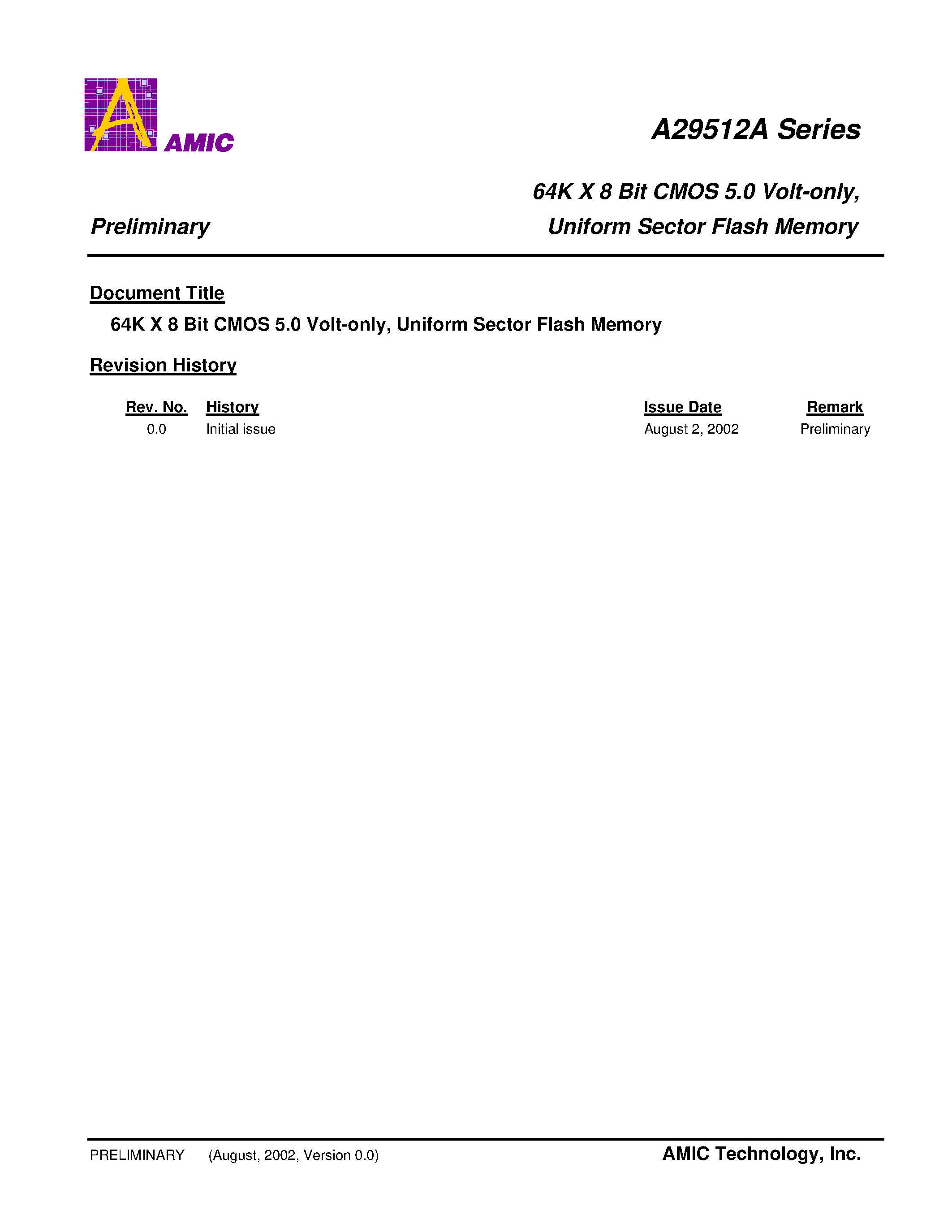 Datasheet A29512AL-90 - 64K X 8 Bit CMOS 5.0 Volt-only/ Uniform Sector Flash Memory page 1