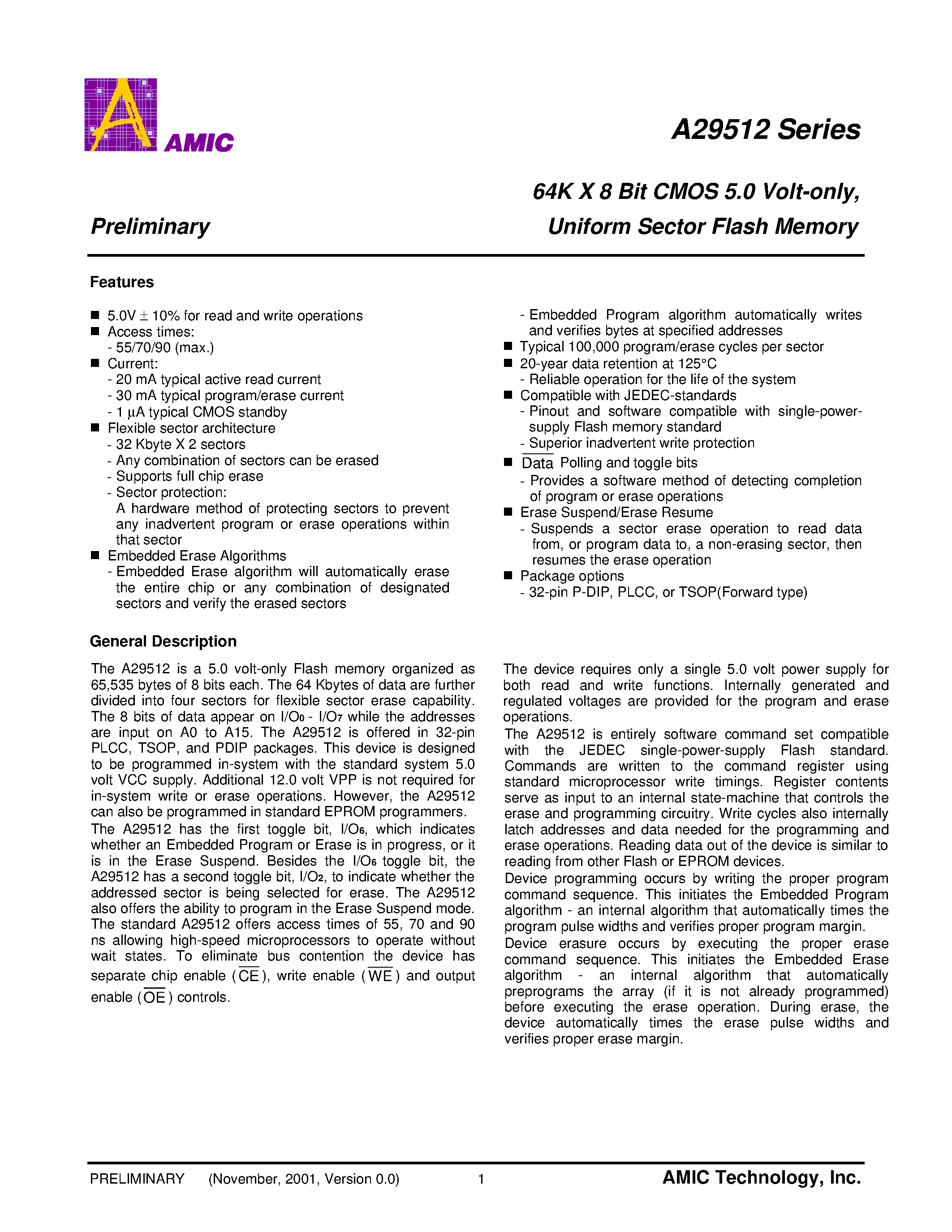 Datasheet A29512L-90 - 64K X 8 Bit CMOS 5.0 Volt-only/ Uniform Sector Flash Memory page 2