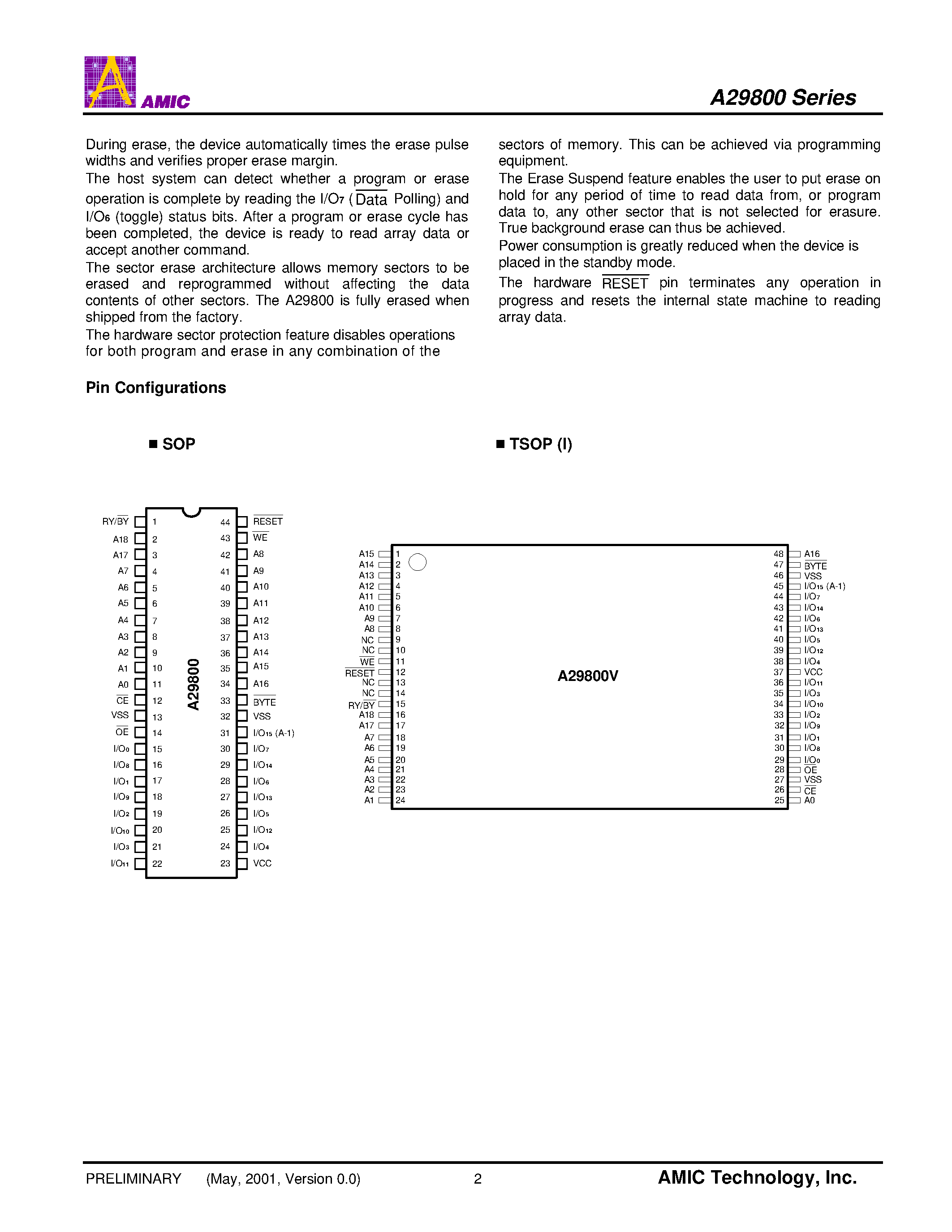 Datasheet A29800UM-90 - 1024K X 8 Bit / 512K X 16 Bit CMOS 5.0 Volt-only/ Boot Sector Flash Memory page 2