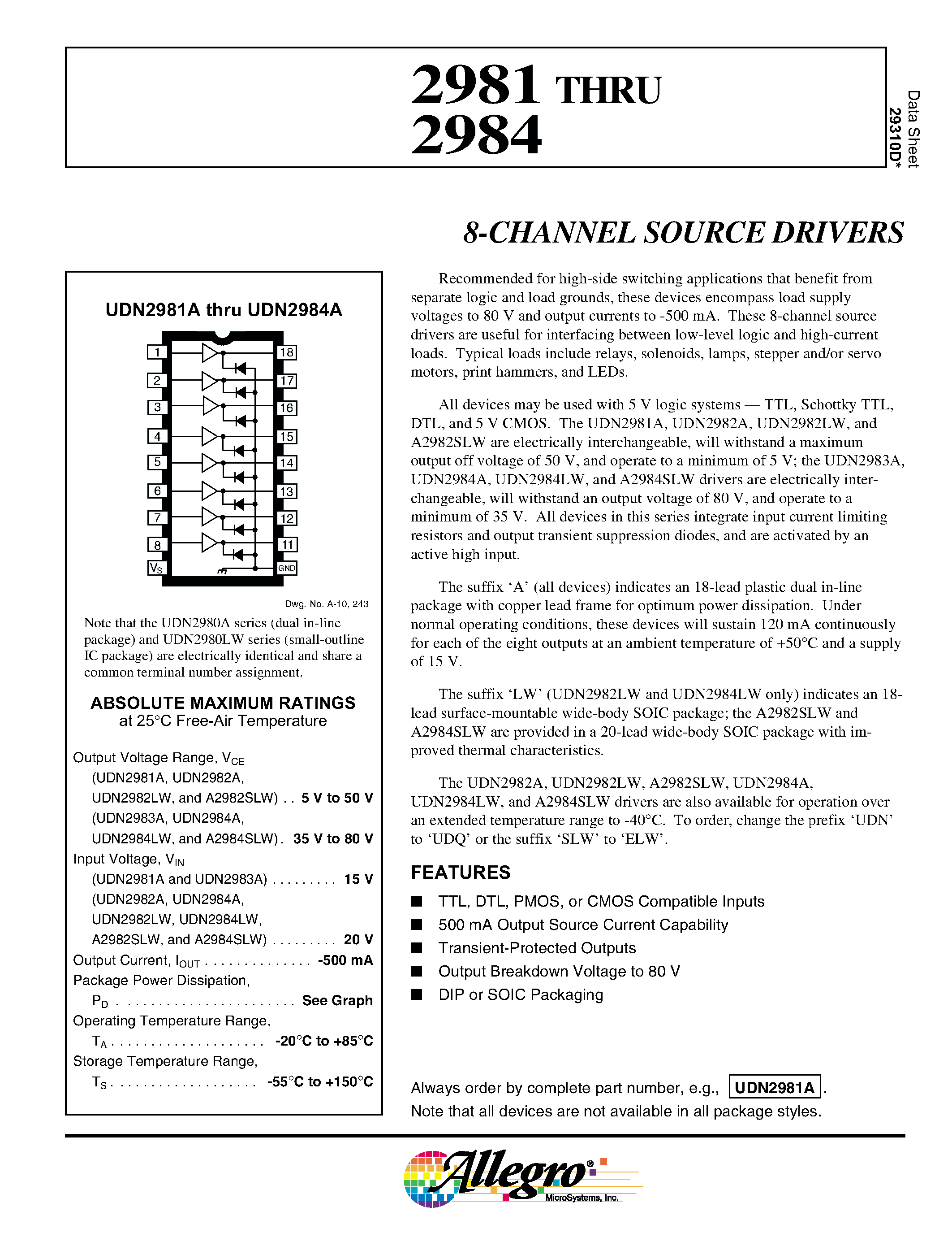 Даташит на микросхему A2982SLW страница 1 Даташит A2982SLW - 8-CHANNEL SOURCE DRIVERS страница 1