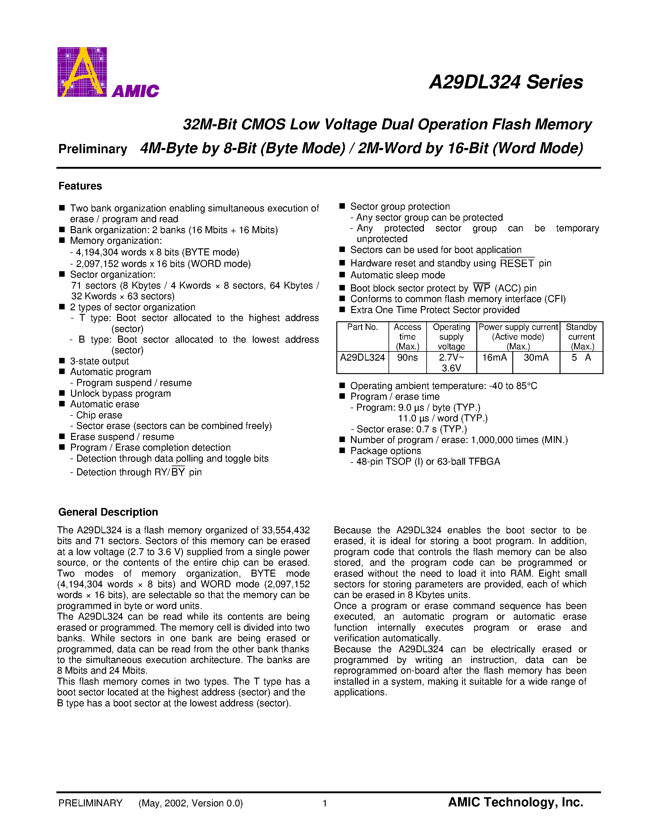 Даташит на микросхему A29DL324 страница 1 Даташит A29DL324 - 32M-Bit CMOS Low Voltage Dual Operation Flash Memory 4M-Byte by 8-Bit (Byte Mode) / 2M-Word by 16-Bit (Word Mode) страница 1