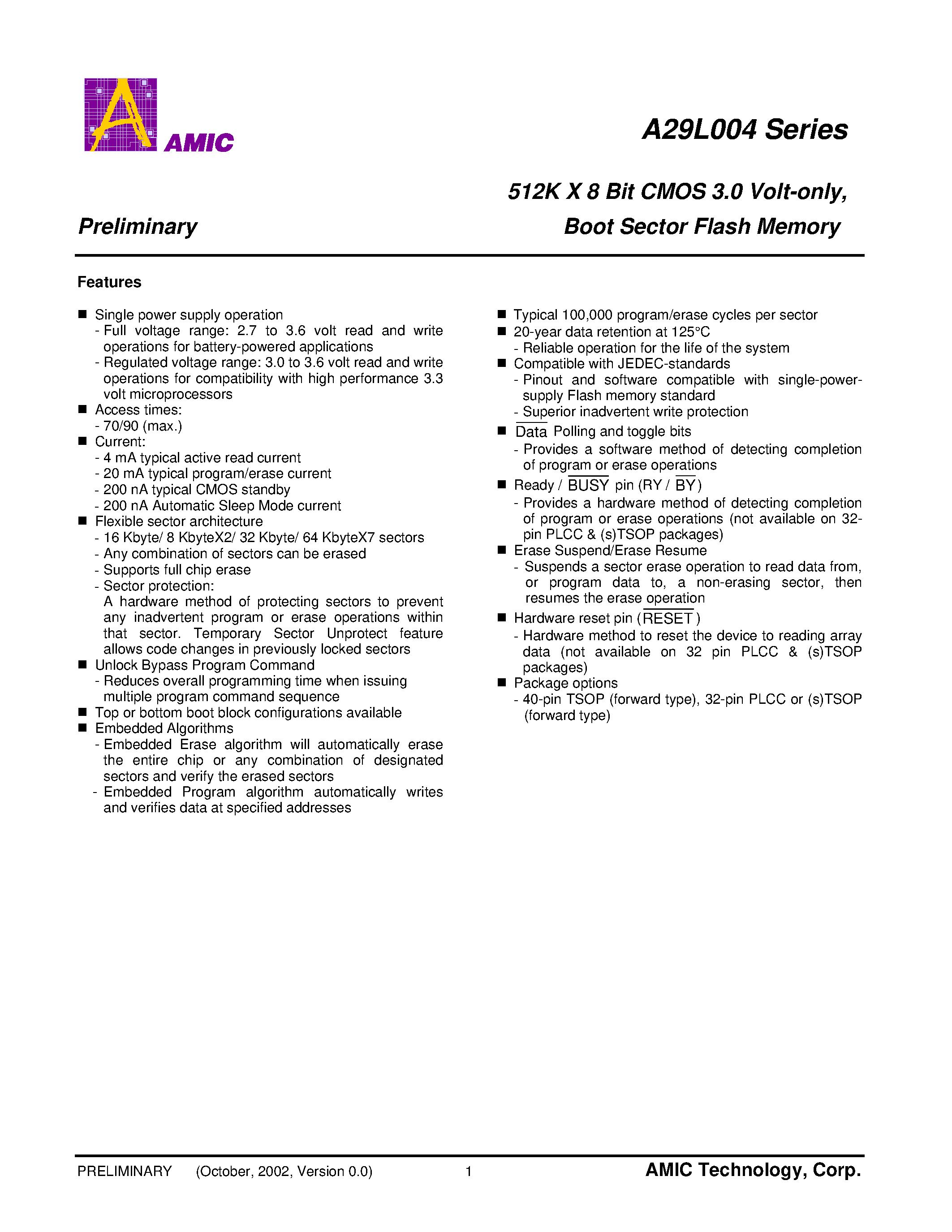 Datasheet A29L004TV-90 - 512K X 8 Bit CMOS 3.0 Volt-only/ Boot Sector Flash Memory page 1