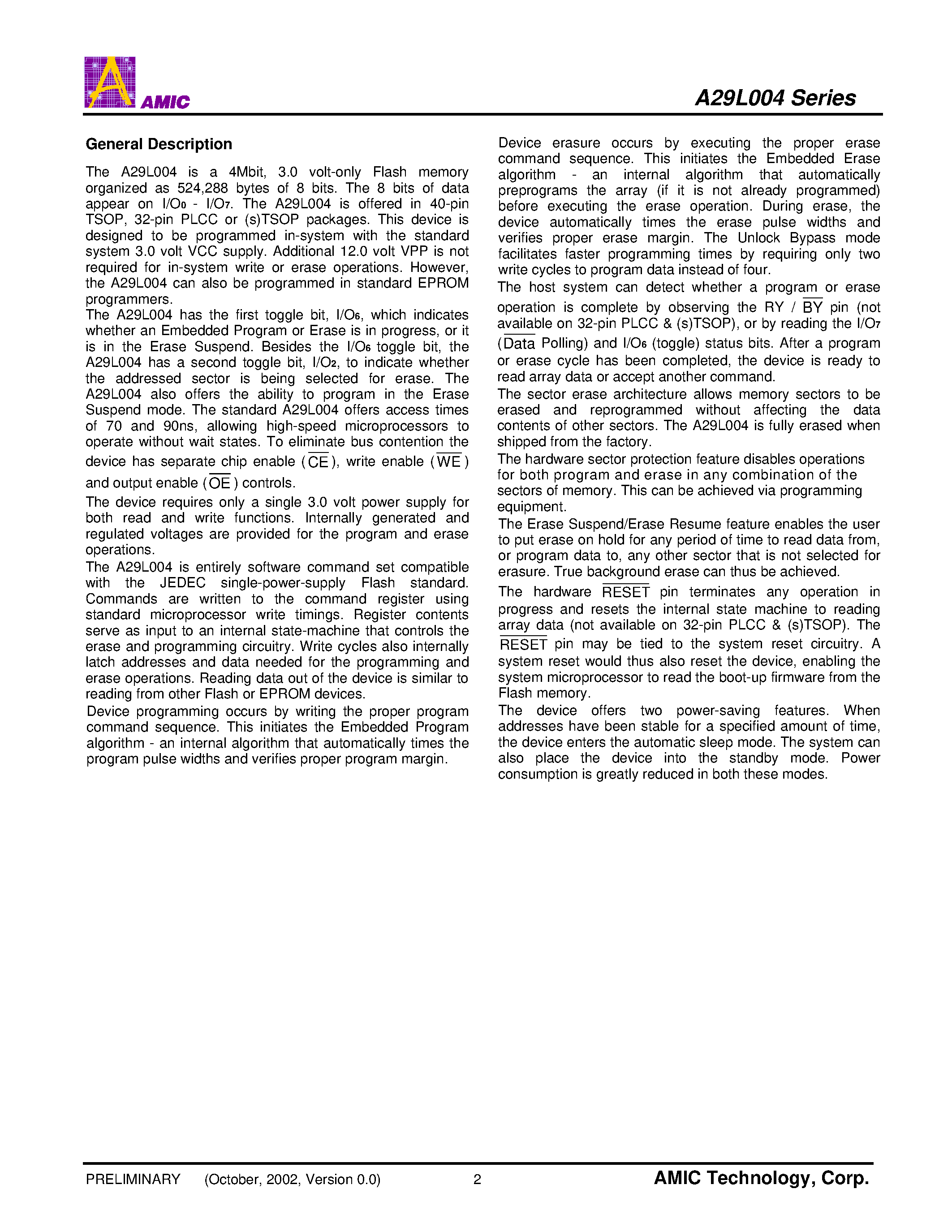 Datasheet A29L004UW-70 - 512K X 8 Bit CMOS 3.0 Volt-only/ Boot Sector Flash Memory page 2