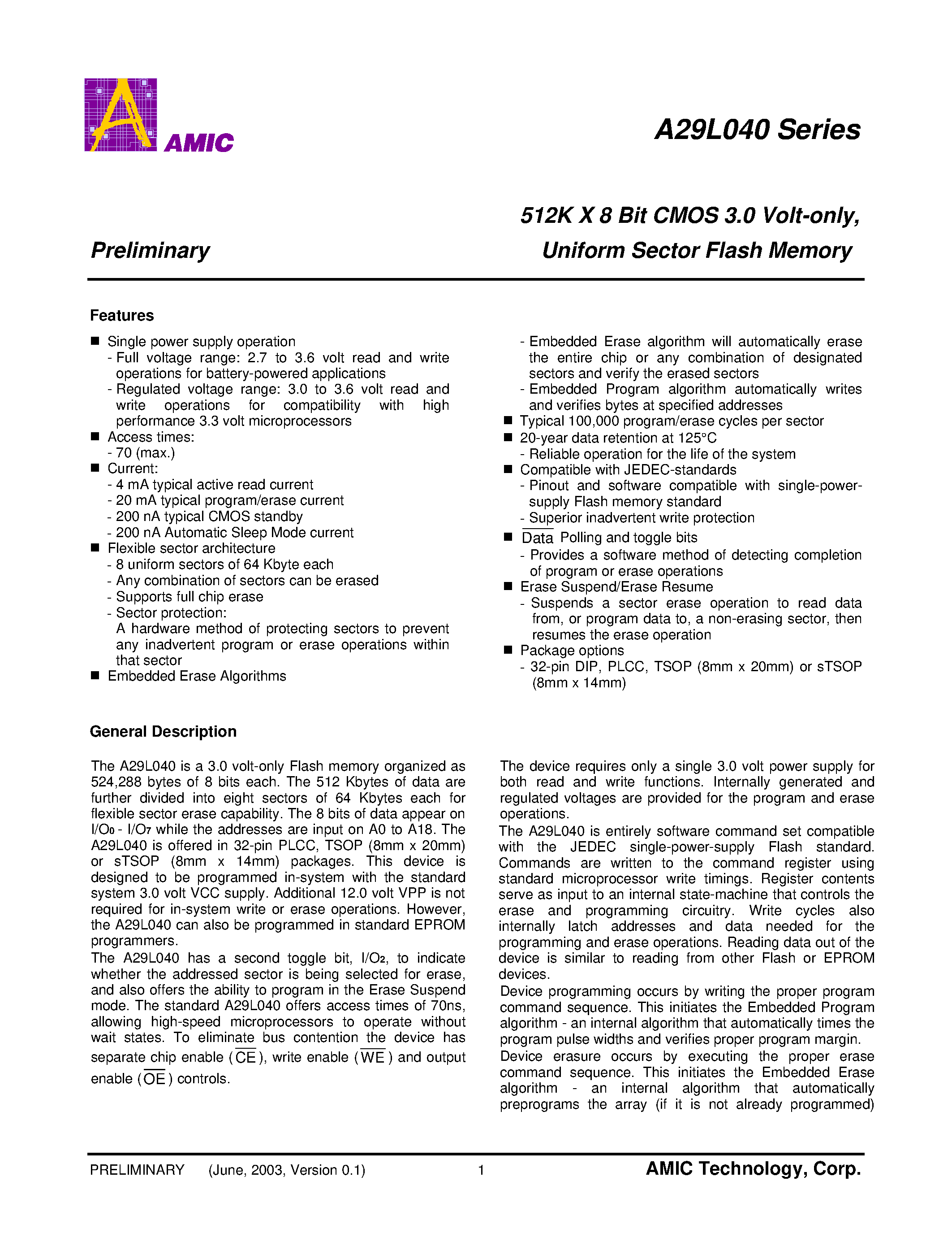 Datasheet A29L040L-70 - 512K X 8 Bit CMOS 3.0 Volt-only/ Uniform Sector Flash Memory page 2