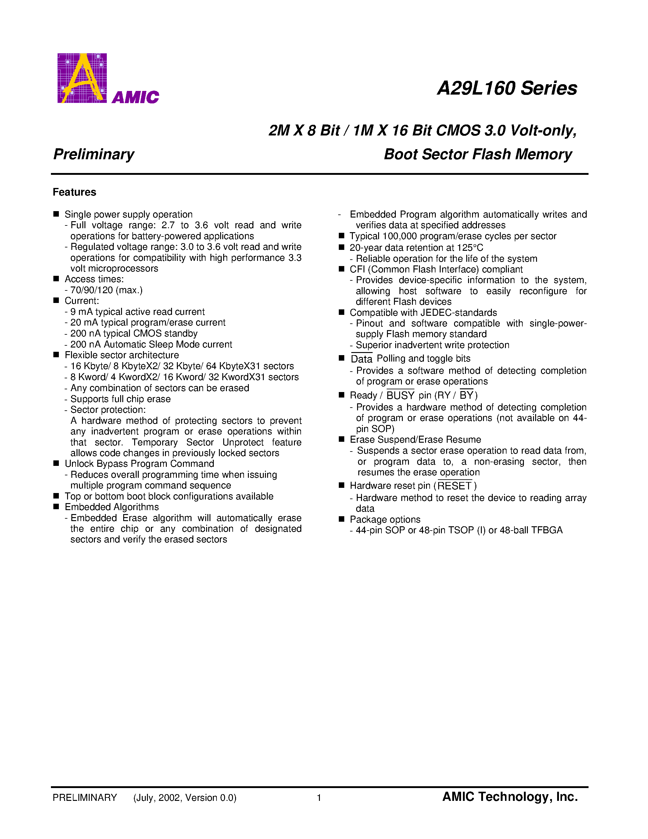 Datasheet A29L160TM-90 - 2M X 8 Bit / 1M X 16 Bit CMOS 3.0 Volt-only/ Boot Sector Flash Memory page 2