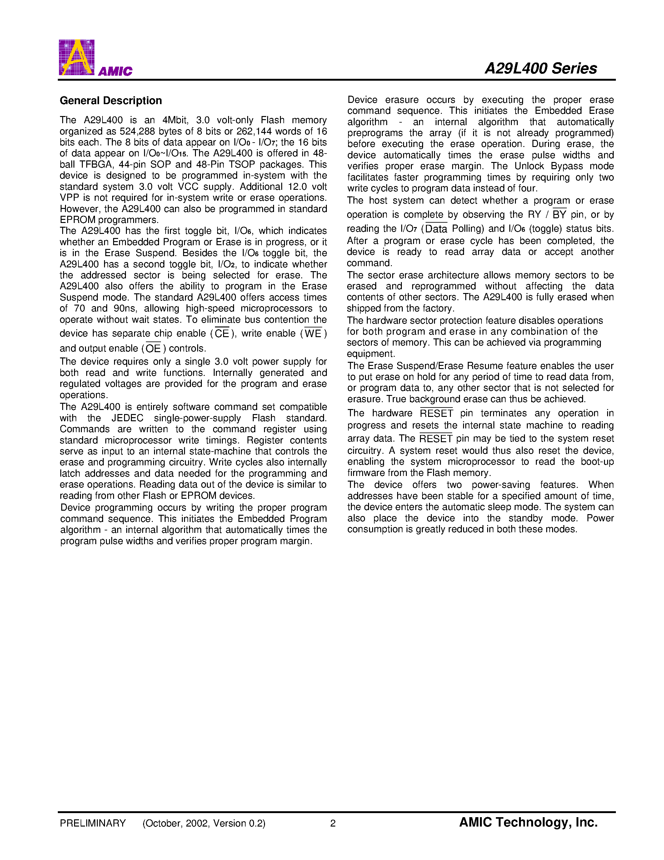 Datasheet A29L400TM-90 - 512K X 8 Bit / 256K X 16 Bit CMOS 3.0 Volt-only/ Boot Sector Flash Memory page 2