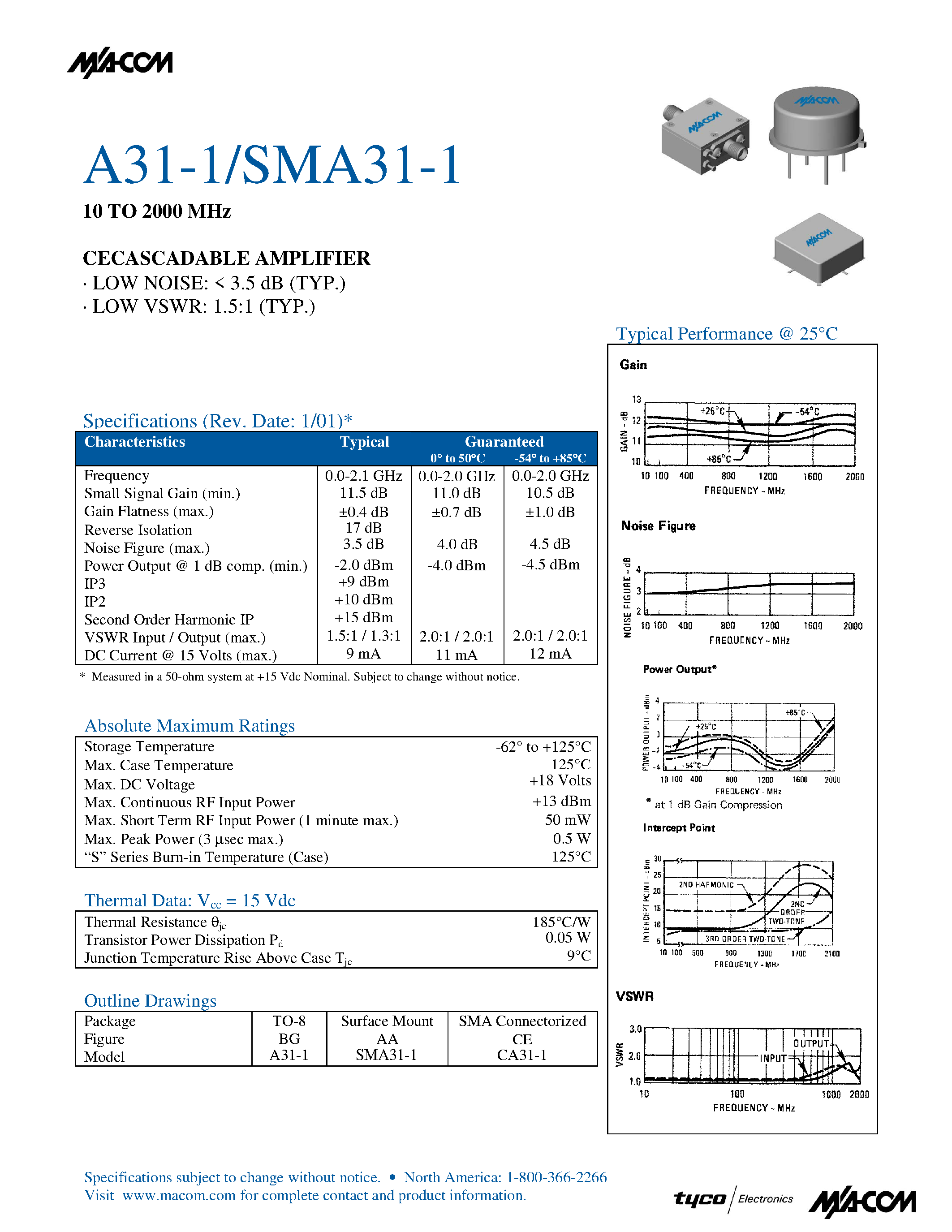 Datasheet A31-1 - 10 TO 2000 MHz CECASCADABLE AMPLIFIER page 1