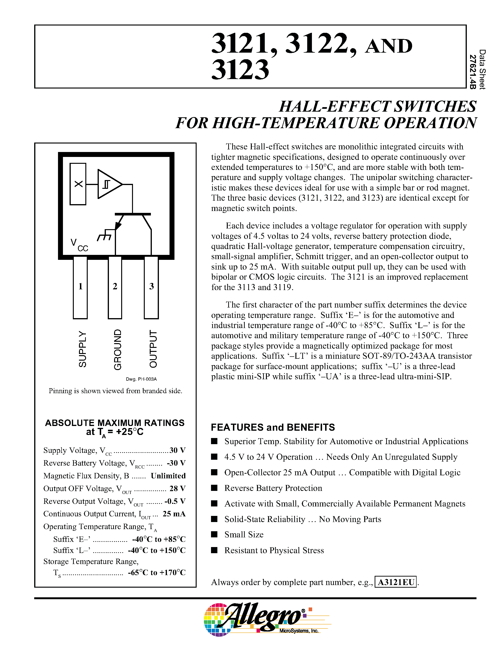 Datasheet A3123U - HALL-EFFECT SWITCHES FOR HIGH-TEMPERATURE OPERATION page 1