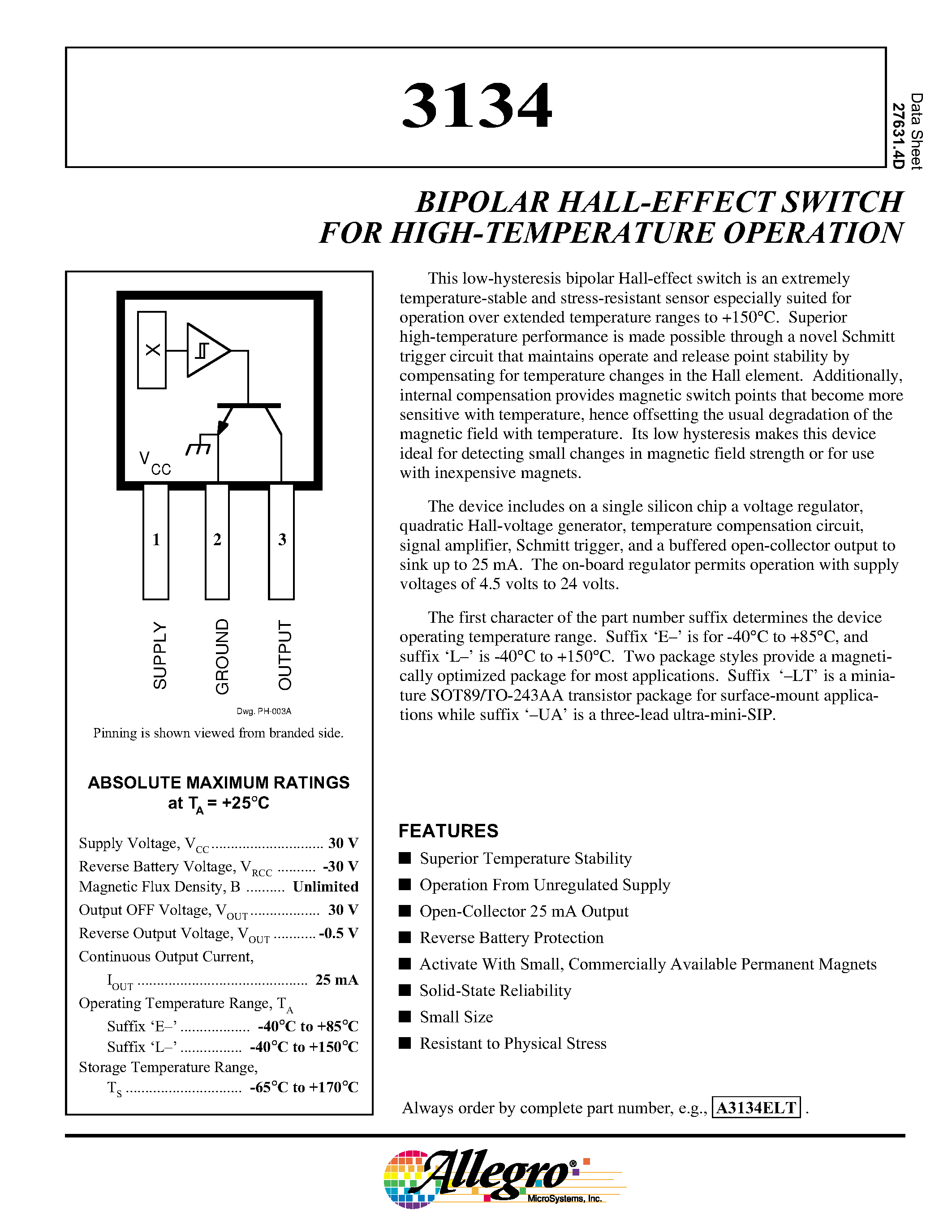 Даташит A3134 - BIPOLAR HALL-EFFECT SWITCH FOR HIGH-TEMPERATURE OPERATION страница 1