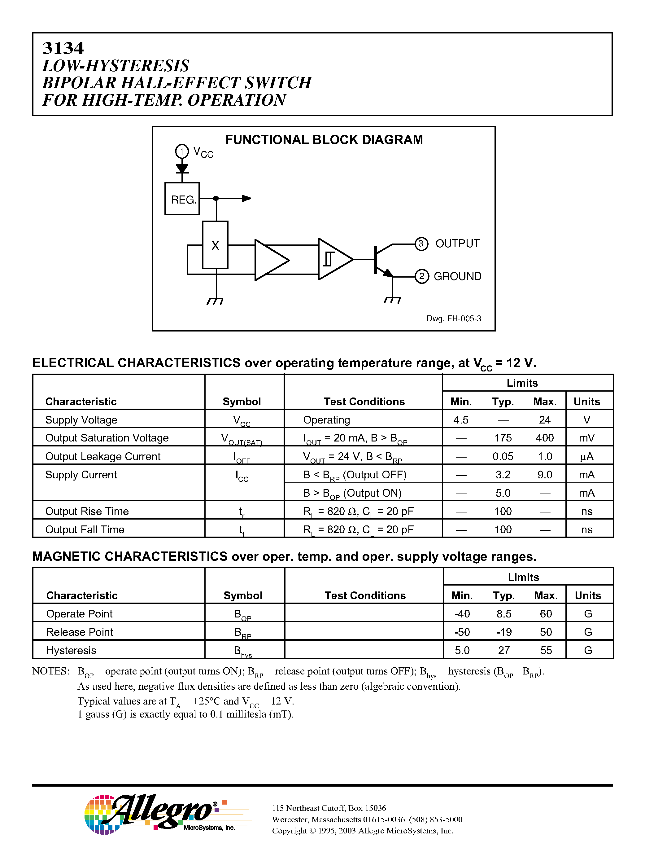 Даташит A3134LT - BIPOLAR HALL-EFFECT SWITCH FOR HIGH-TEMPERATURE OPERATION страница 2