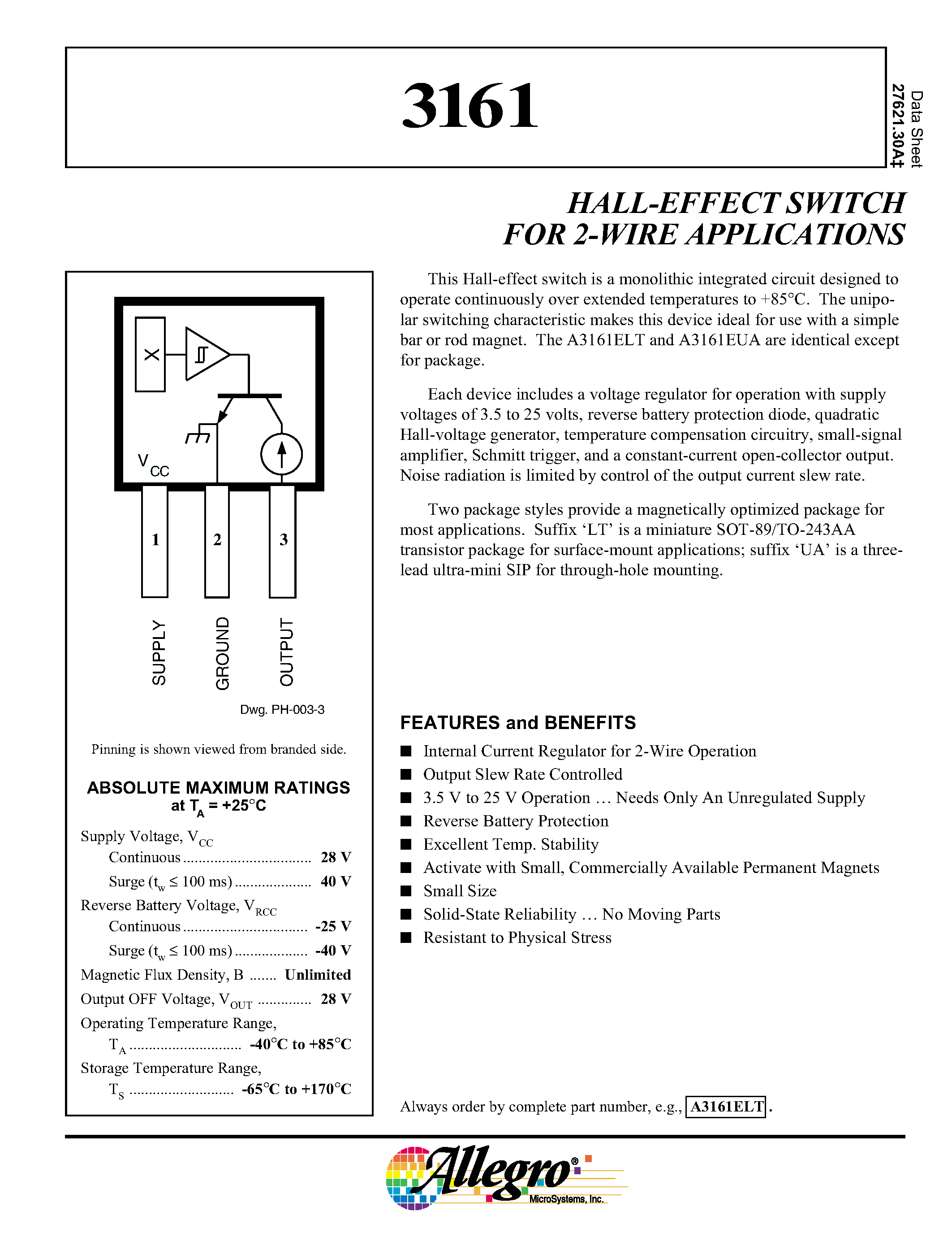 Datasheet A3161UA - HALL-EFFECT SWITCH FOR 2-WIRE APPLICATIONS page 1