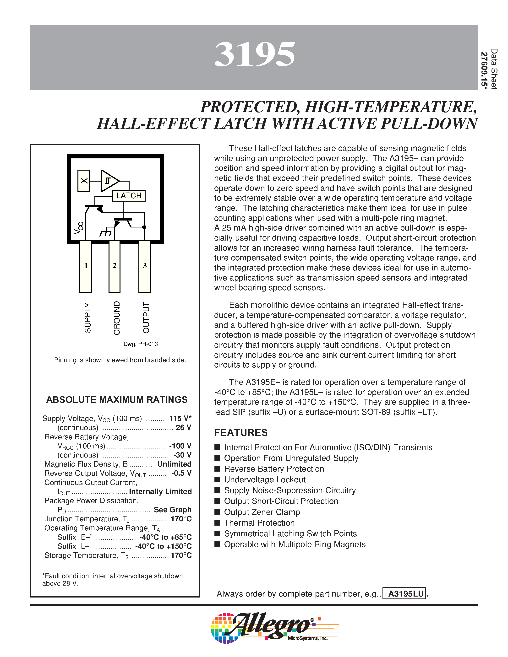 Даташит A3195EU - PROTECTED/ HIGH-TEMPERATURE/ HALL-EFFECT LATCH WITH ACTIVE PULL-DOWN страница 1