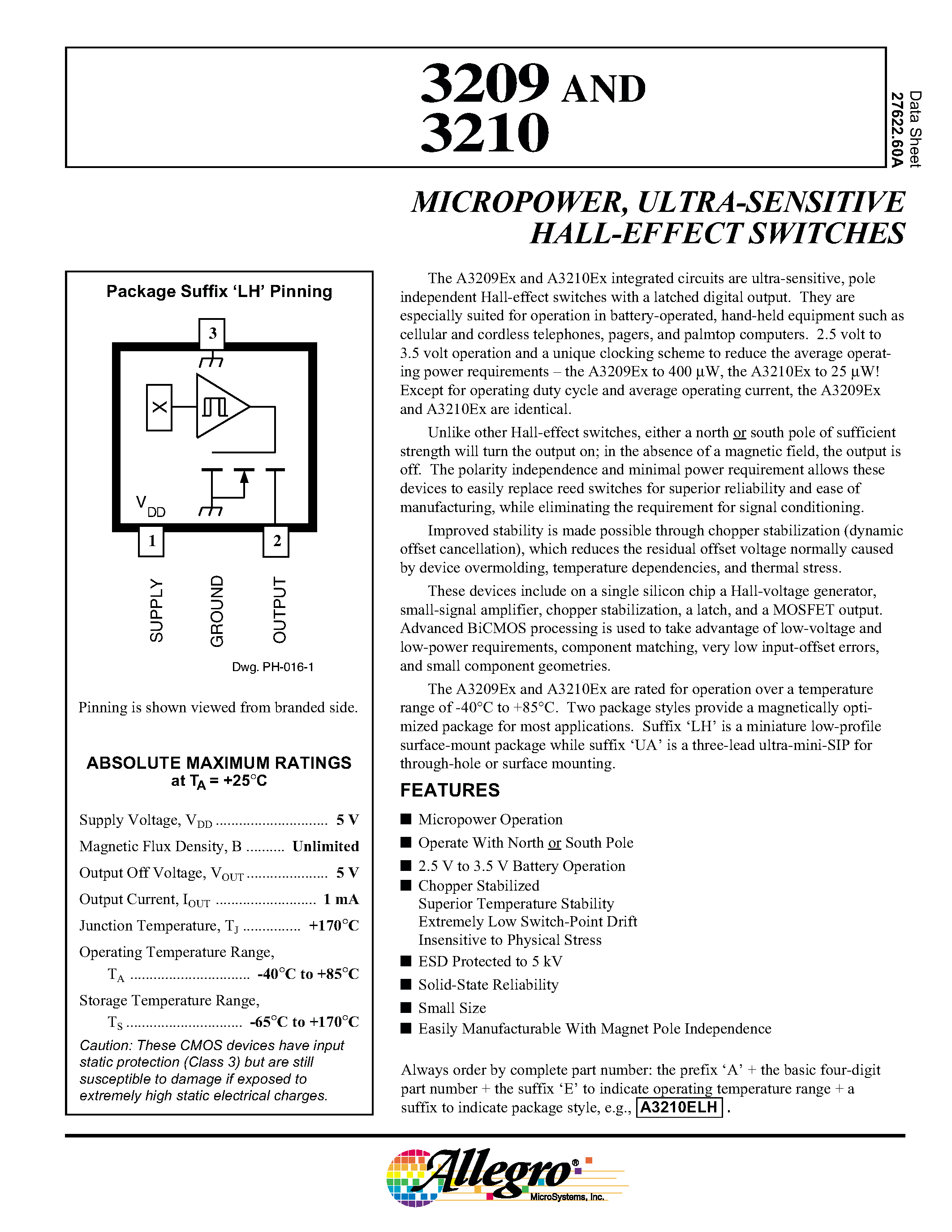 Datasheet A3210-UA page 1 Datasheet A3210-UA - MICROPOWER/ ULTRA-SENSITIVE HALL-EFFECT SWITCHES page 1