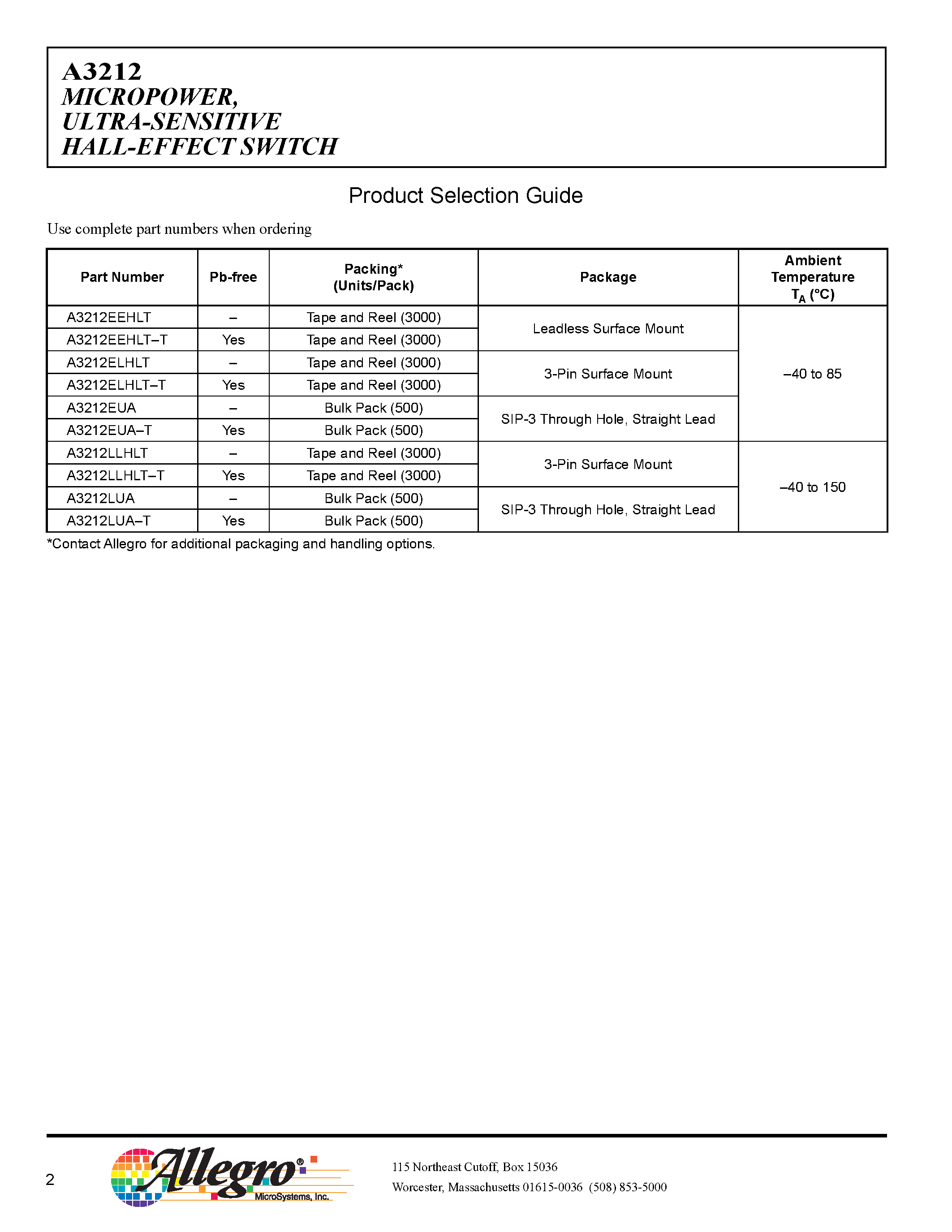 Datasheet A3212EEHLT-T page 2 Datasheet A3212EEHLT-T - MICROPOWER/ ULTRA-SENSITIVE HALL-EF FECT SWITCH page 2