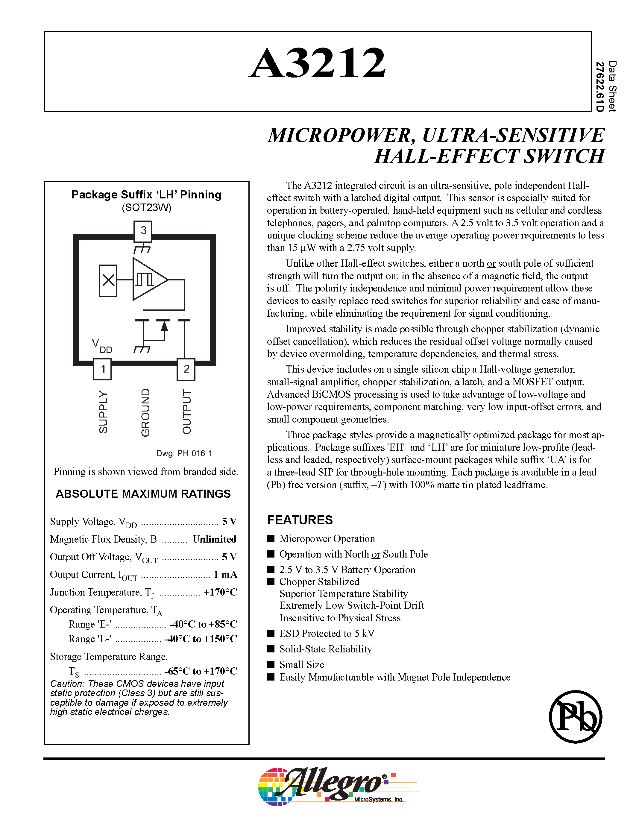 Даташит на микросхему A3212LLHLT страница 1 Даташит A3212LLHLT - MICROPOWER/ ULTRA-SENSITIVE HALL-EF FECT SWITCH страница 1