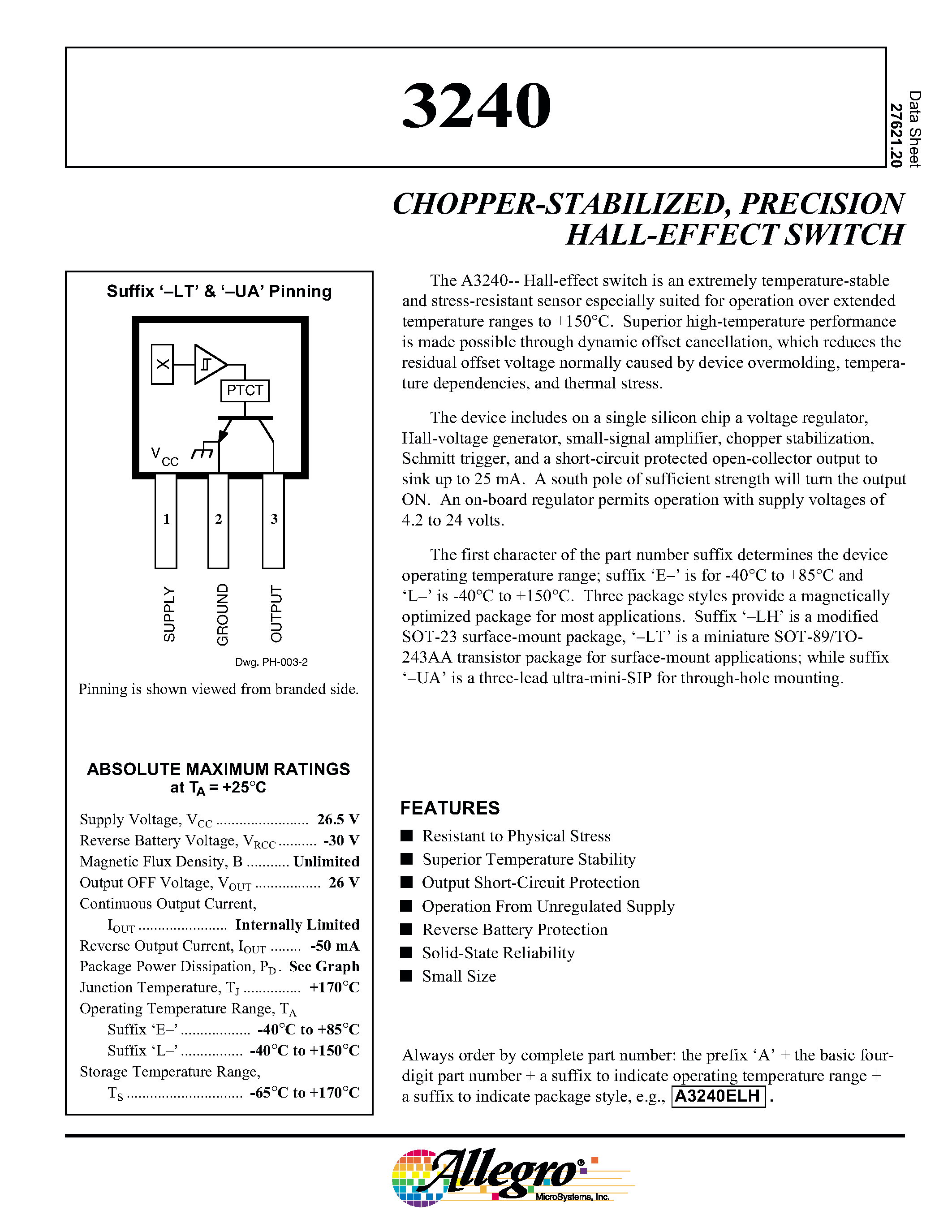 Datasheet A3240ELH - CHOPPER-STABILIZED/ PRECISION HALL-EFFECT SWITCH page 1