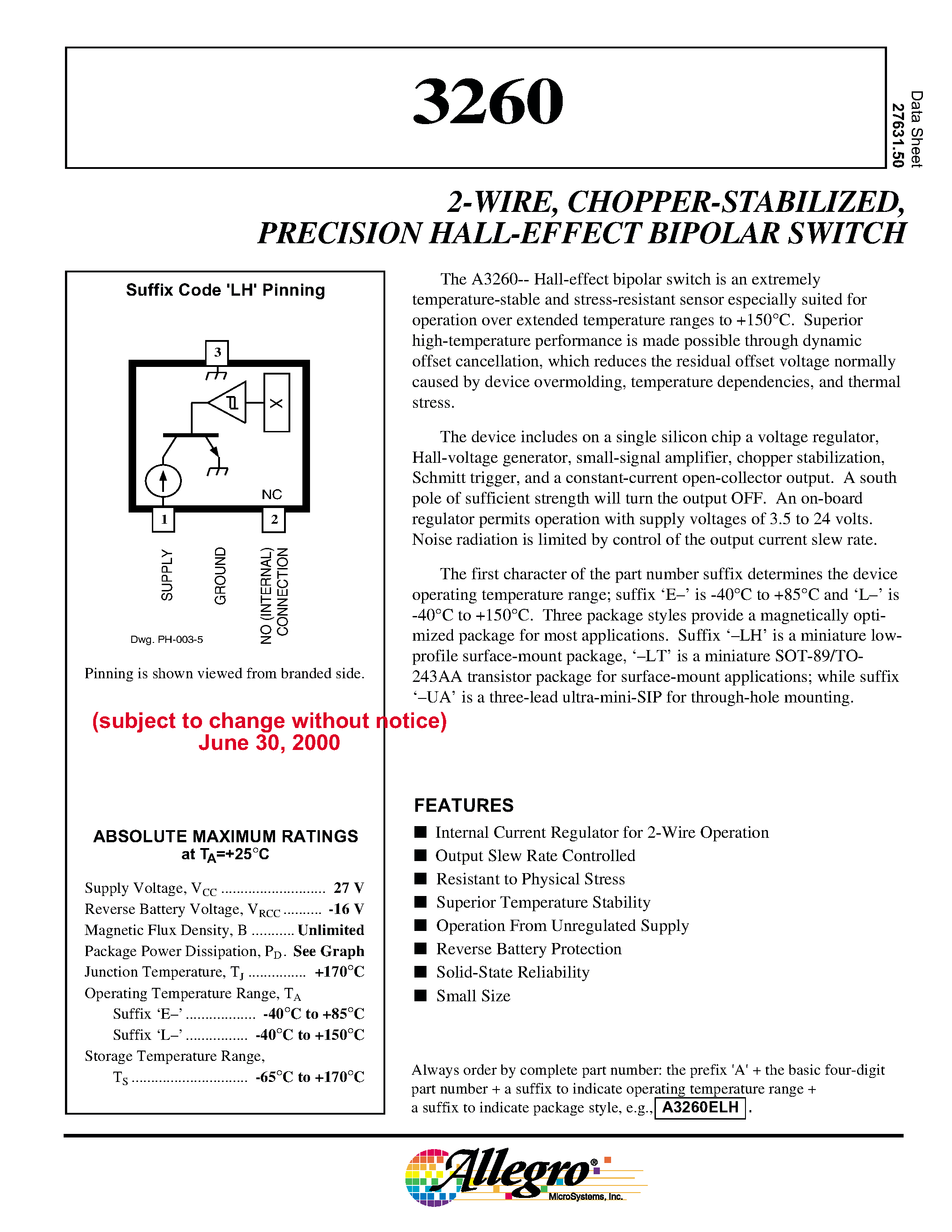 Datasheet A3260LH - 2-WIRE/ CHOPPER-STABILIZED/ PRECISION HALL-EFFECT BIPOLAR SWITCH page 1