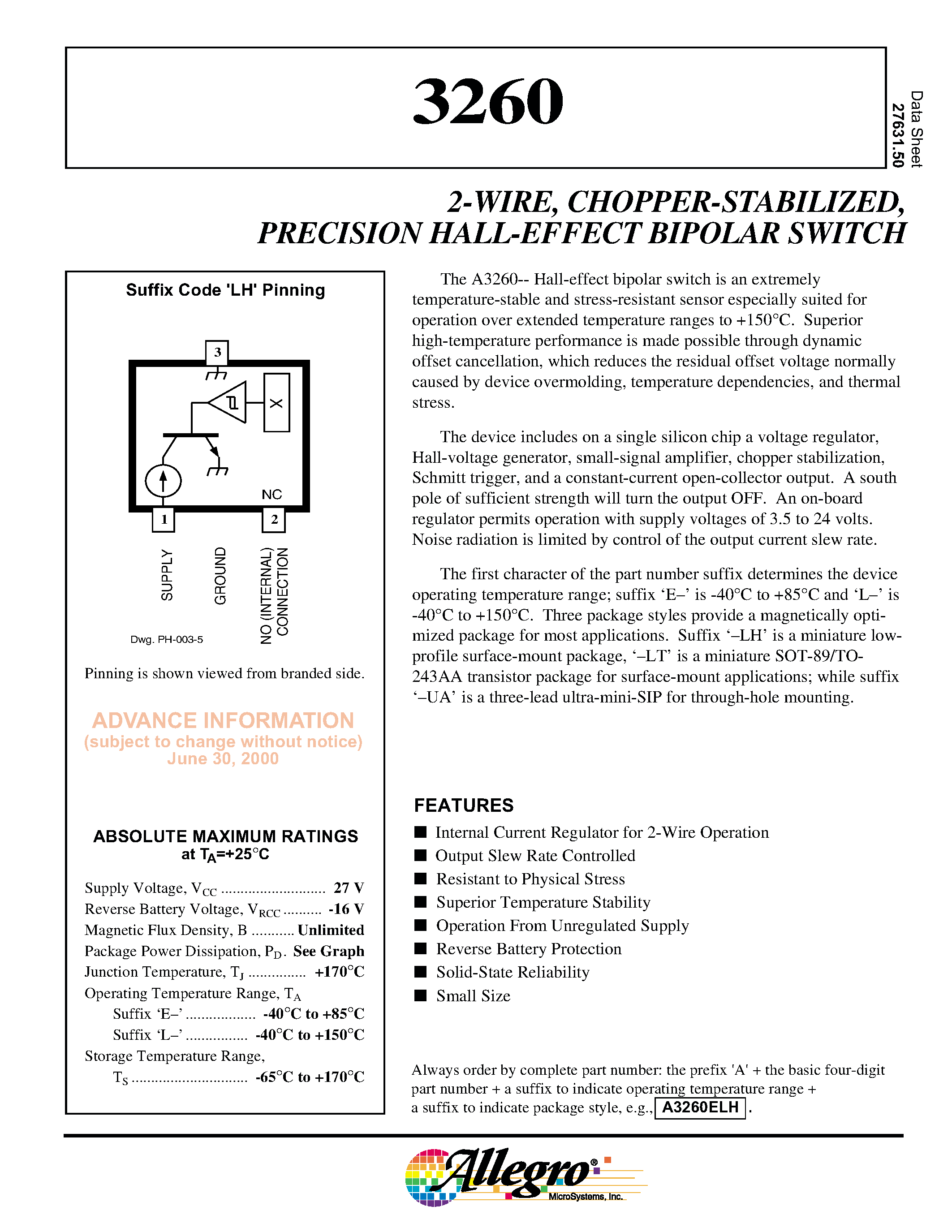 Datasheet A3260LT - 2-WIRE/ CHOPPER-STABILIZED/ PRECISION HALL-EFFECT BIPOLAR SWITCH page 1