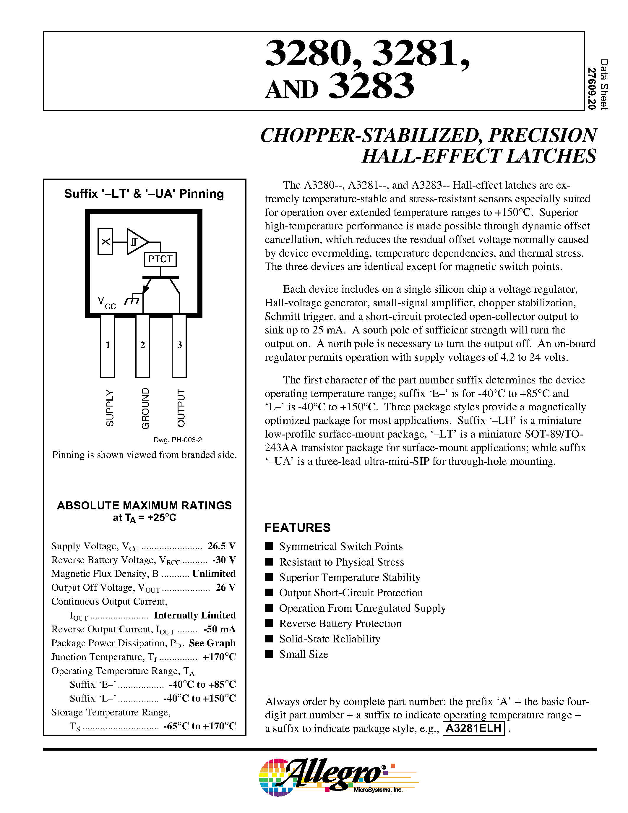 Datasheet A3281UA - CHOPPER-STABILIZED/ PRECISION HALL-EFFECT LATCHES page 1