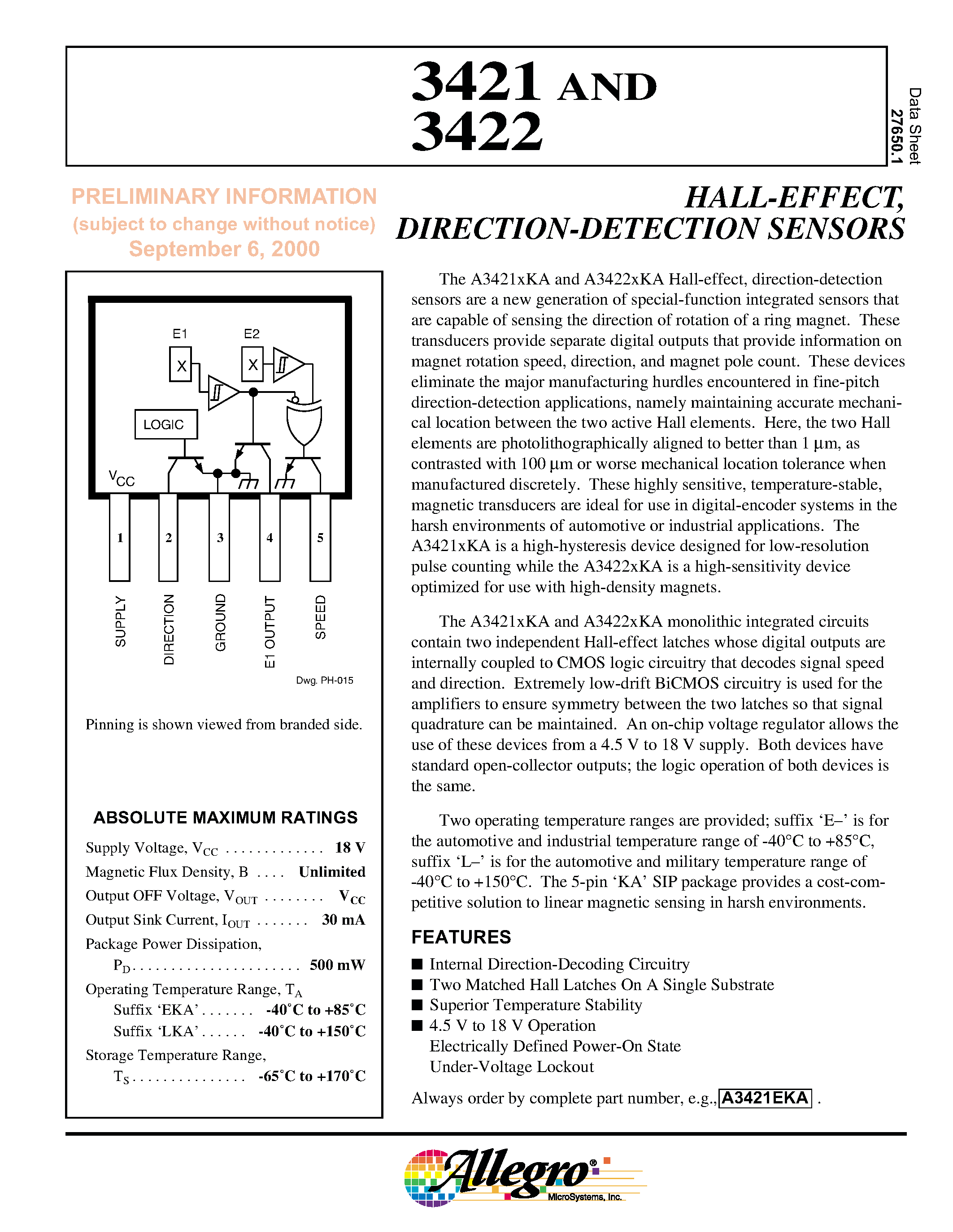 Datasheet A3422LKA - DUAL/ CHOPPER-STABILIZED/ ULTRA-SENSITIVE/ BIPOLAR HALL-EFFECT SWITCH page 1