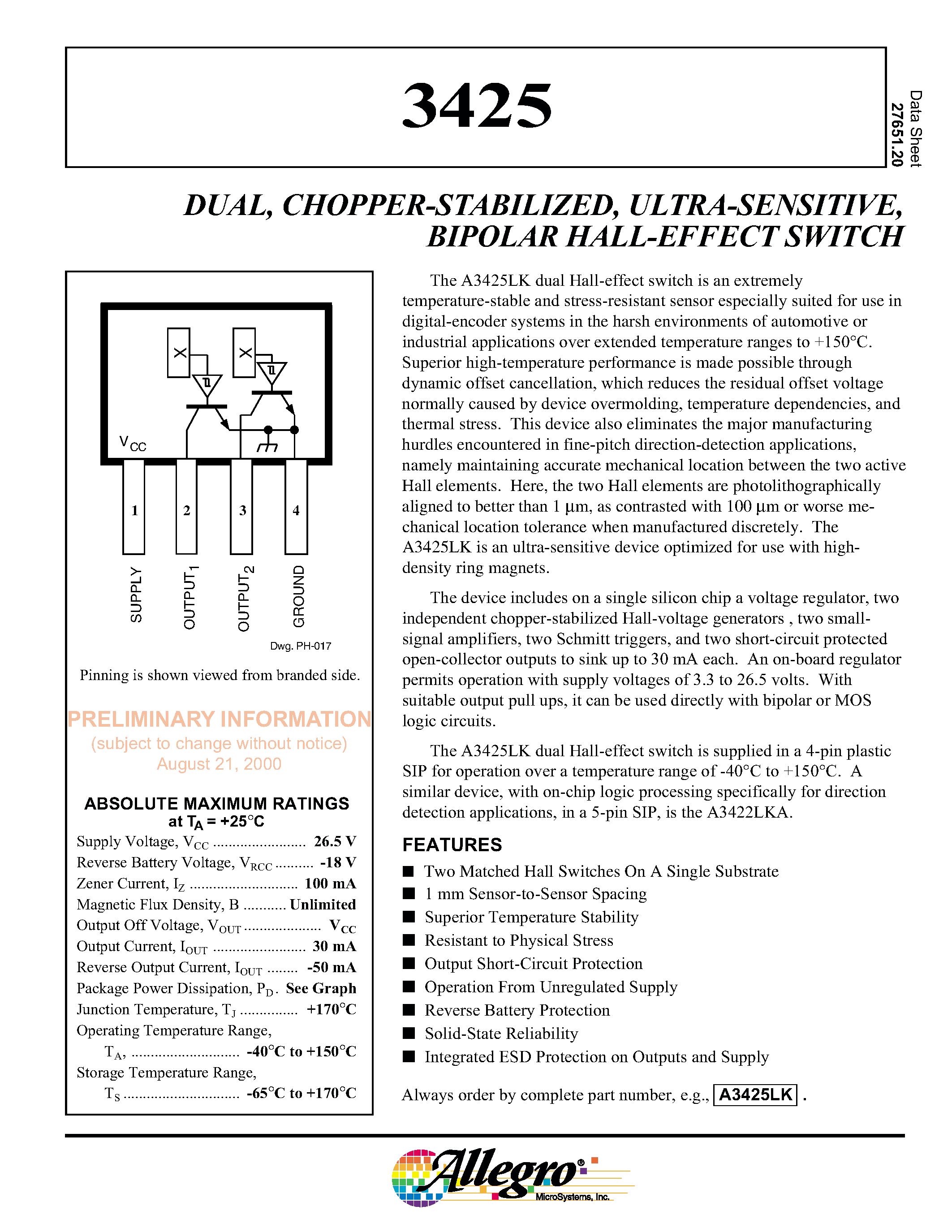 Datasheet A3425LK - DUAL/ CHOPPER-STABILIZED/ ULTRA-SENSITIVE/ BIPOLAR HALL-EFFECT SWITCH page 1