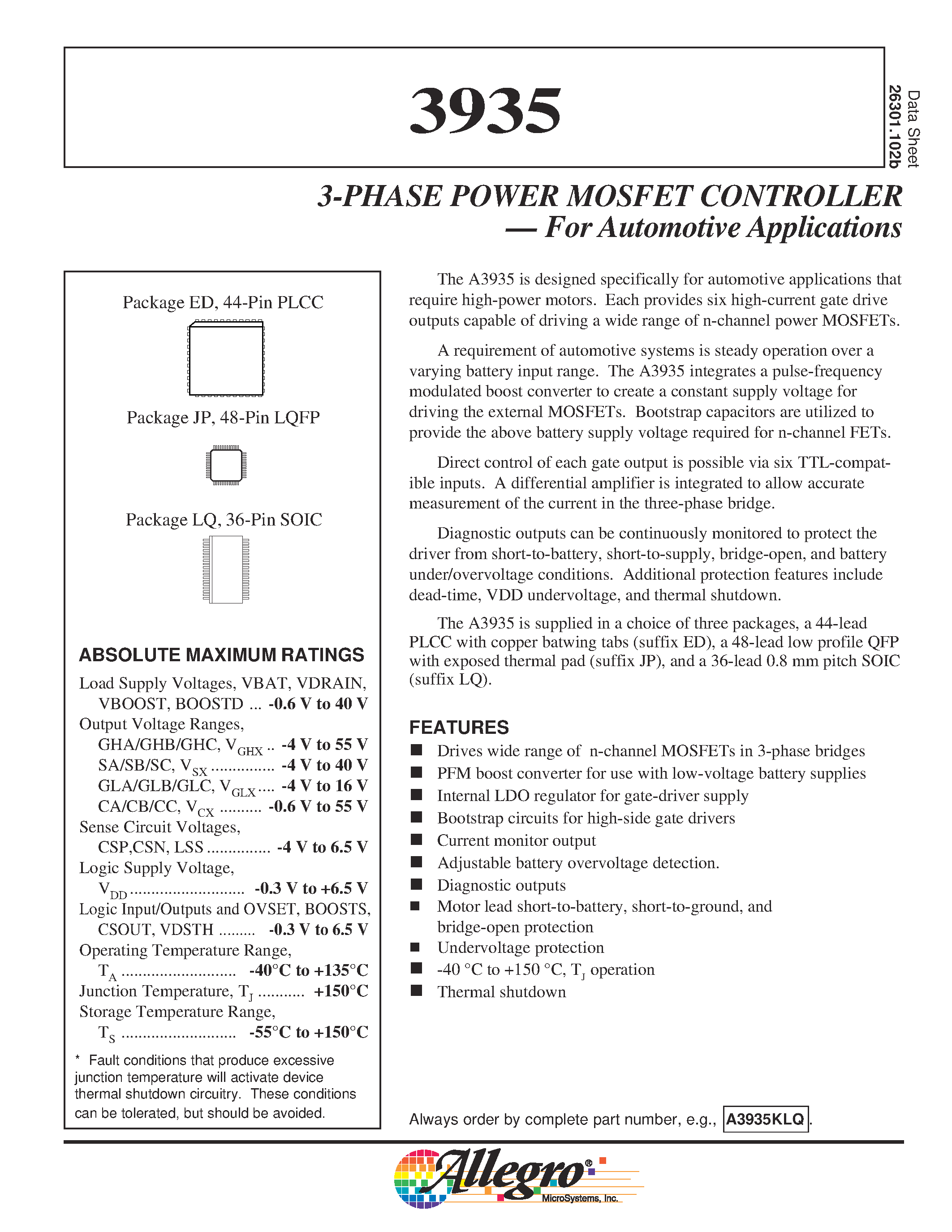 Datasheet A3935KLQ - 3-PHASE POWER MOSFET CONTROLLER page 1