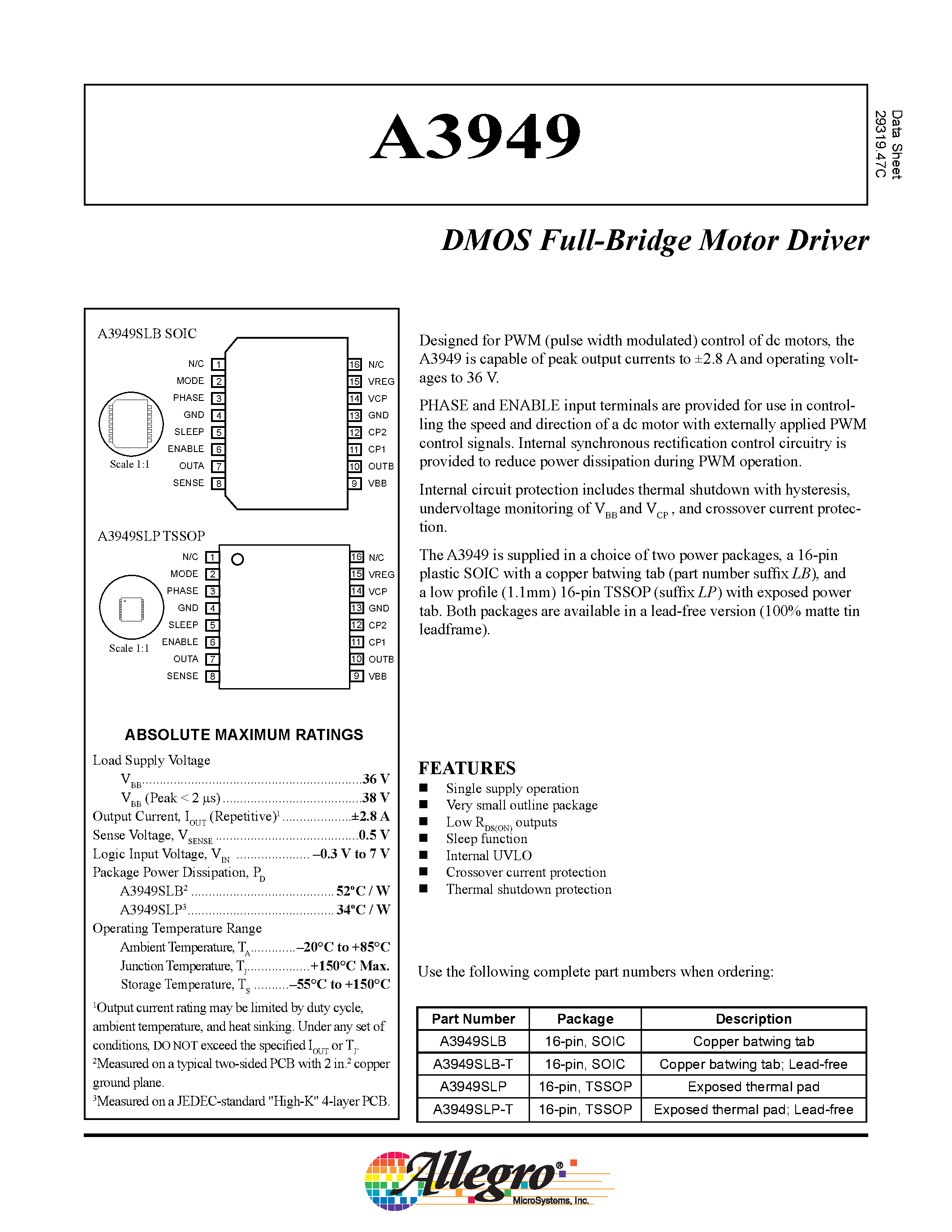 Datasheet A3949SLB-T page 1 Datasheet A3949SLB-T - DMOS Full-Bridge Motor Driver page 1