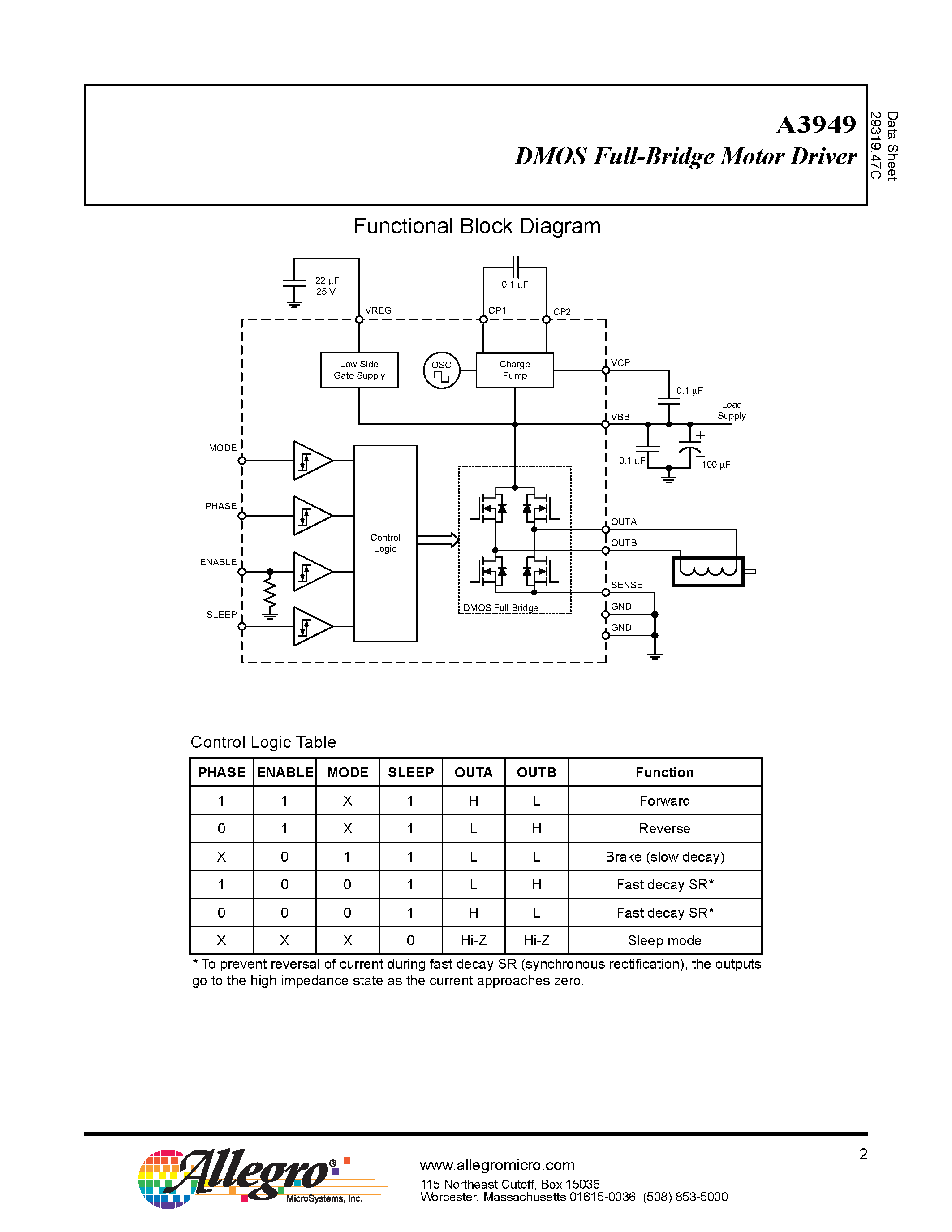 Datasheet A3949SLP-T - DMOS Full-Bridge Motor Driver page 2