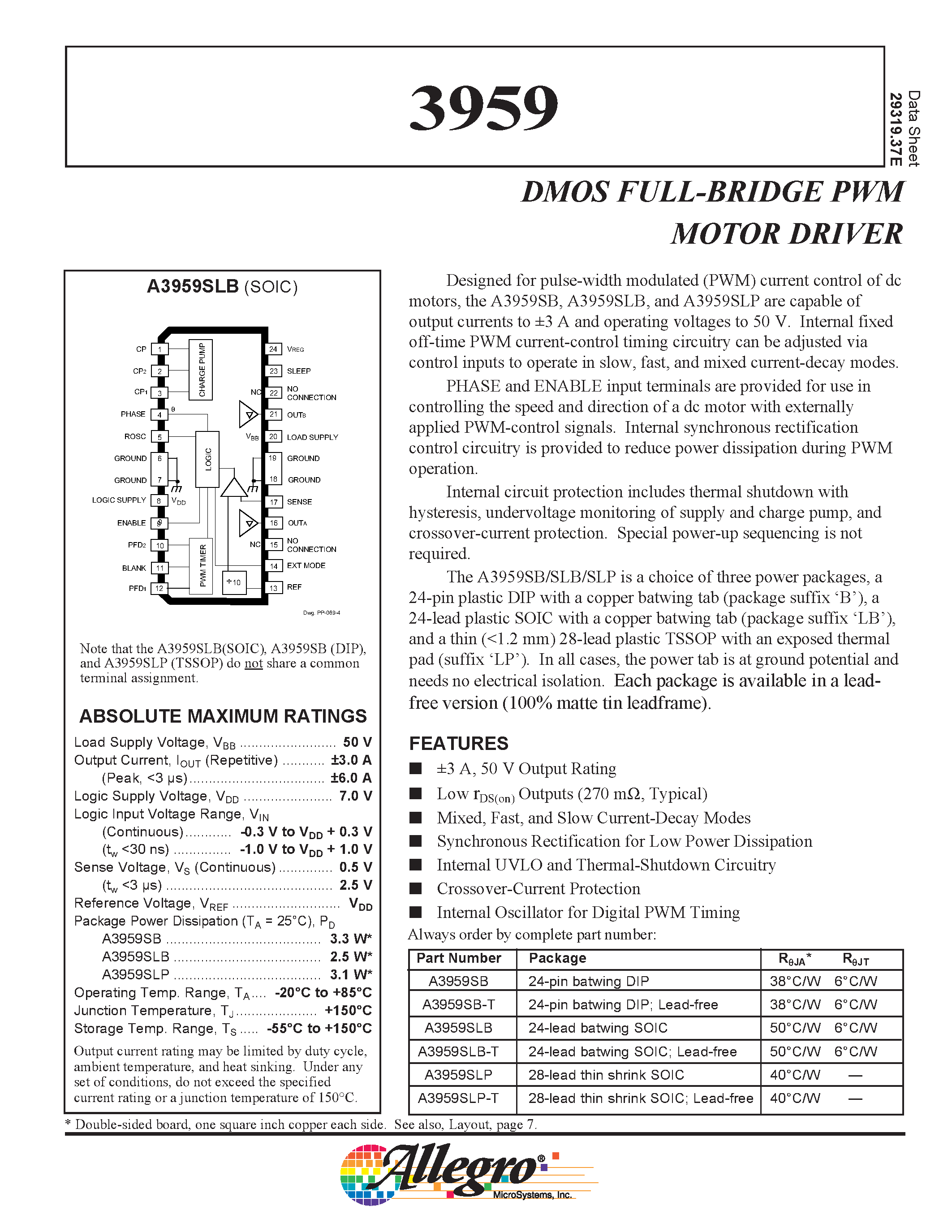 Datasheet A3959SB-T page 1 Datasheet A3959SB-T - DMOS FULL-BRIDGE PWM MOTOR DRIVER page 1