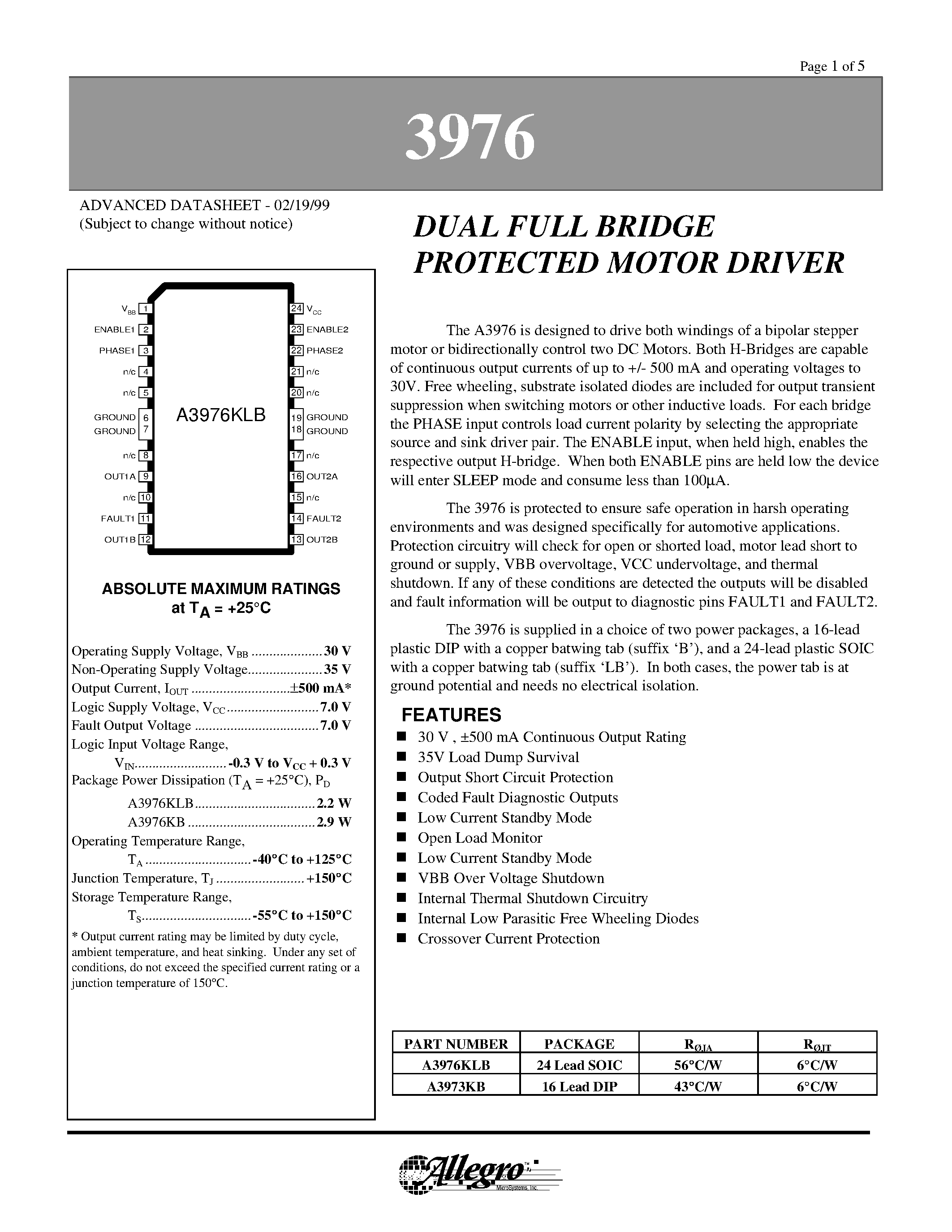 Даташит на микросхему A3973KB страница 1 Даташит A3973KB - DUAL FULL BRIDGE PROTECTED MOTOR DRIVER страница 1