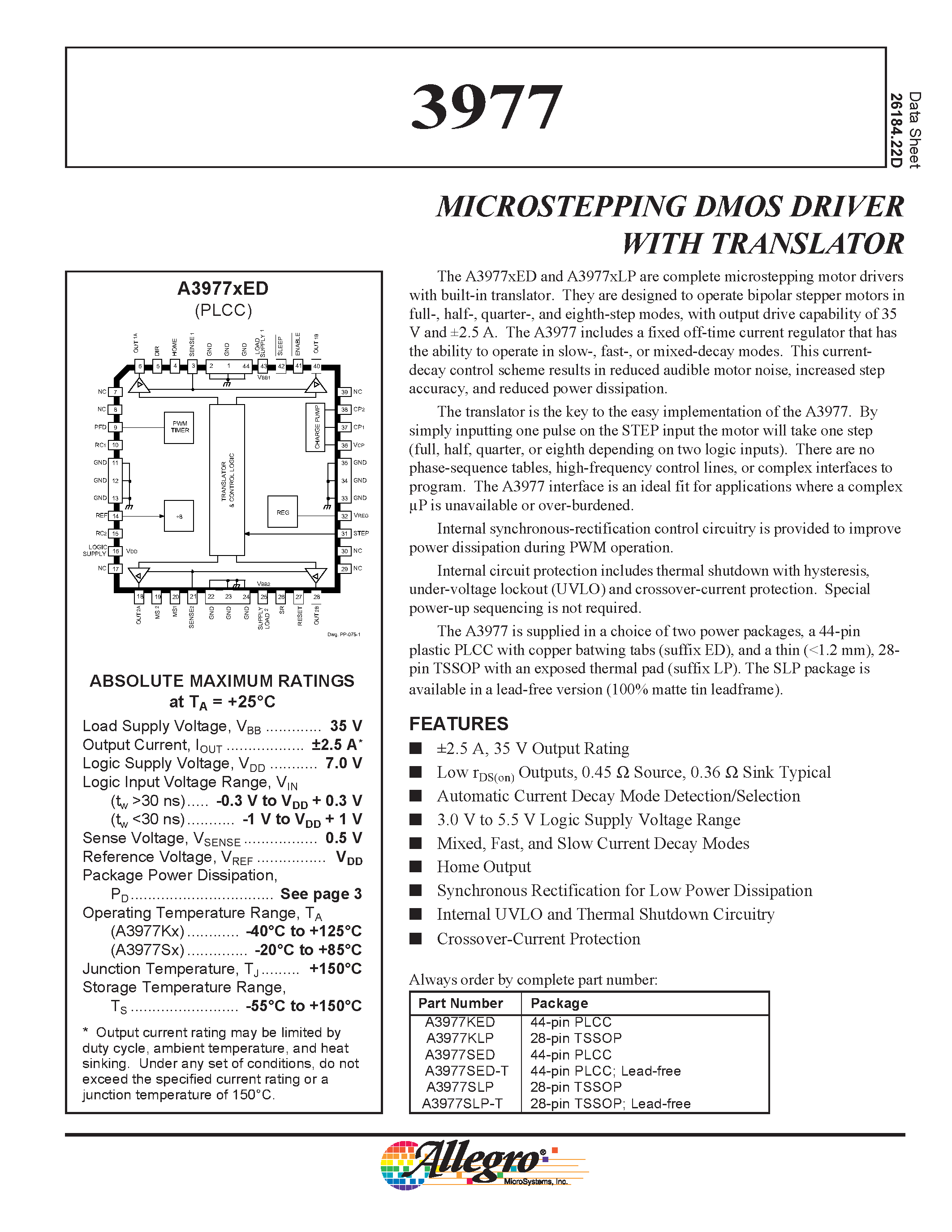Datasheet A3977SED-T - MICROSTEPPING DMOS DRIVER WITH TRANSLATOR page 1