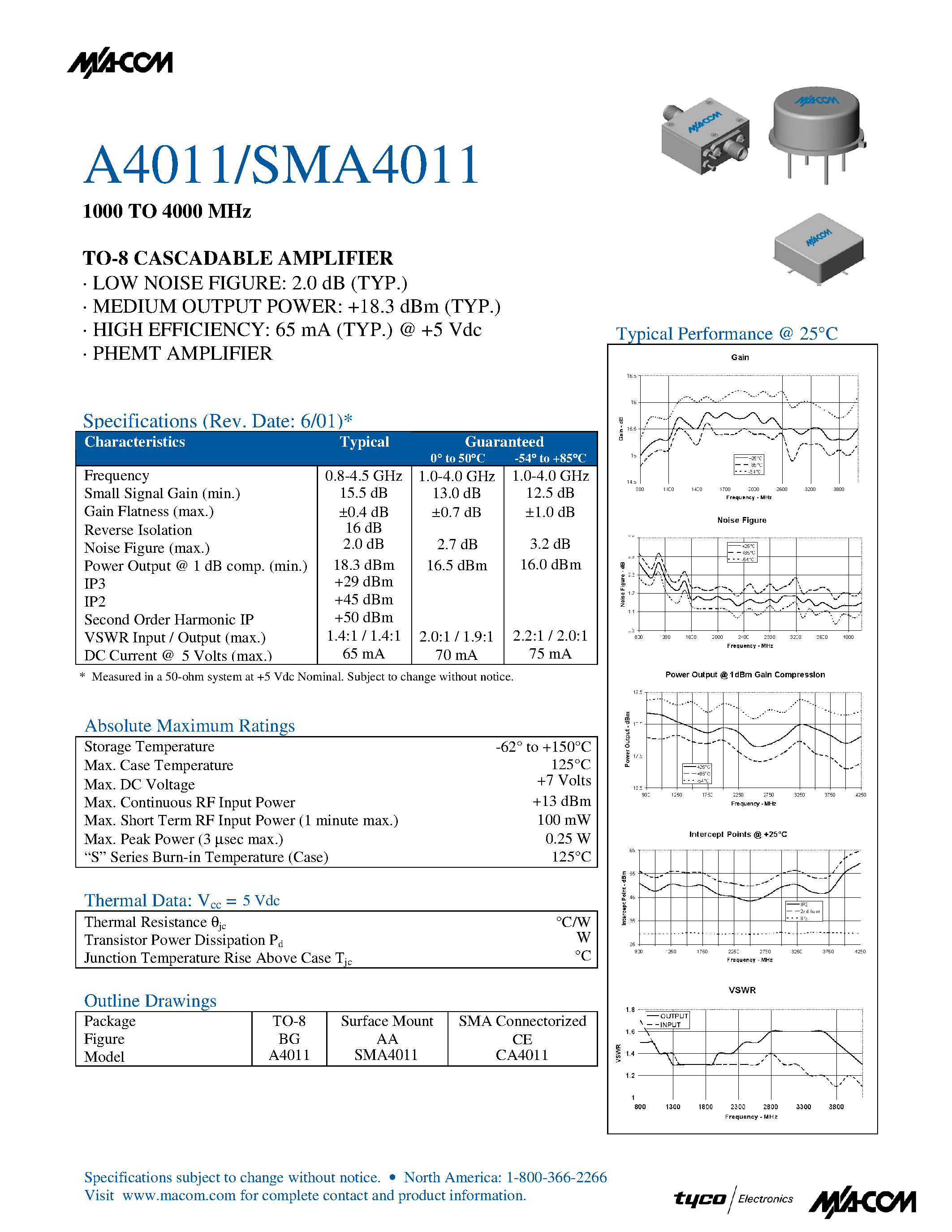 Даташит на микросхему A4011 страница 1 Даташит A4011 - 1000 TO 4000 MHz TO-8 CASCADABLE AMPLIFIER страница 1