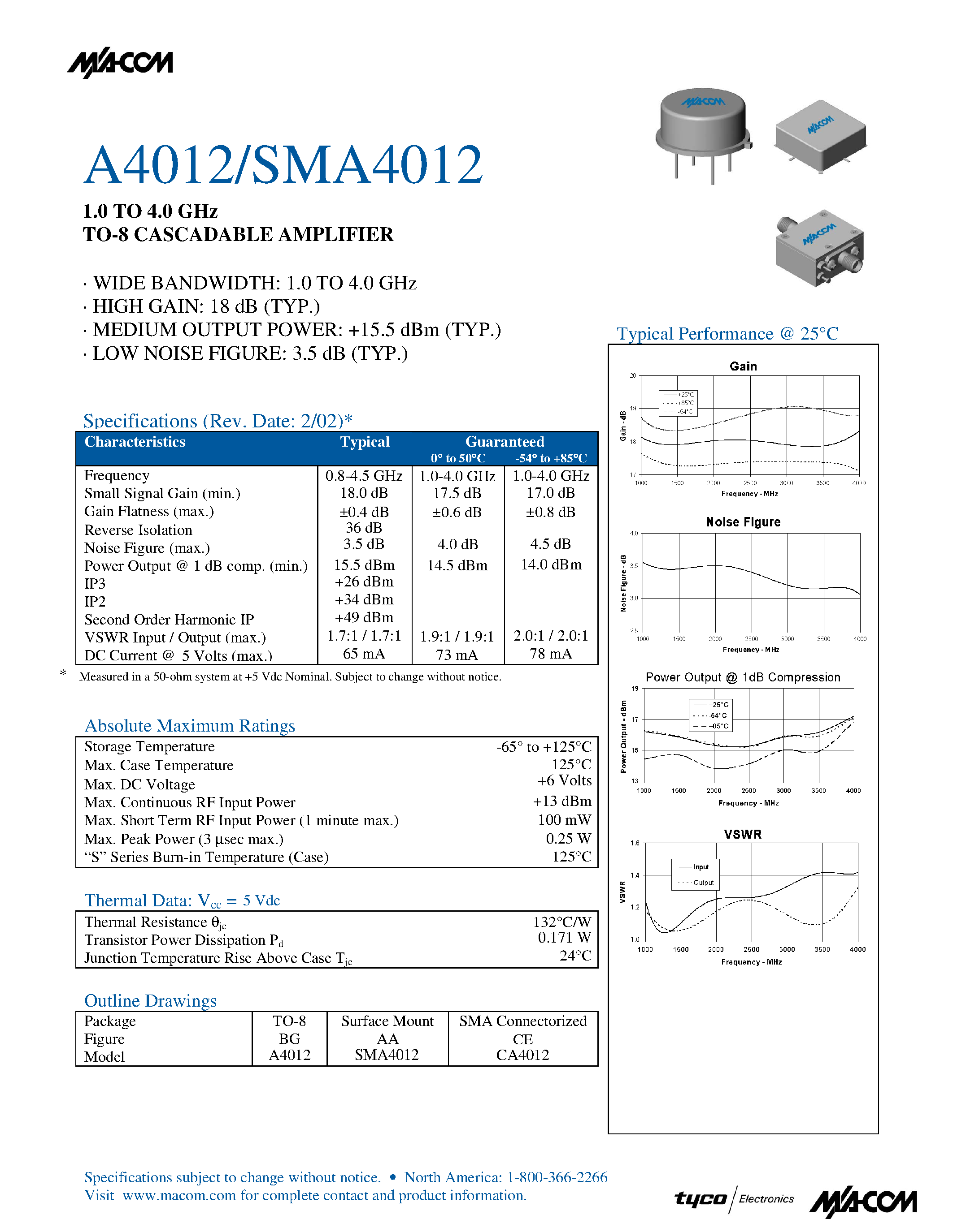 Datasheet A4012 - 1.0 TO 4.0 GHz TO-8 CASCADABLE AMPLIFIER page 1