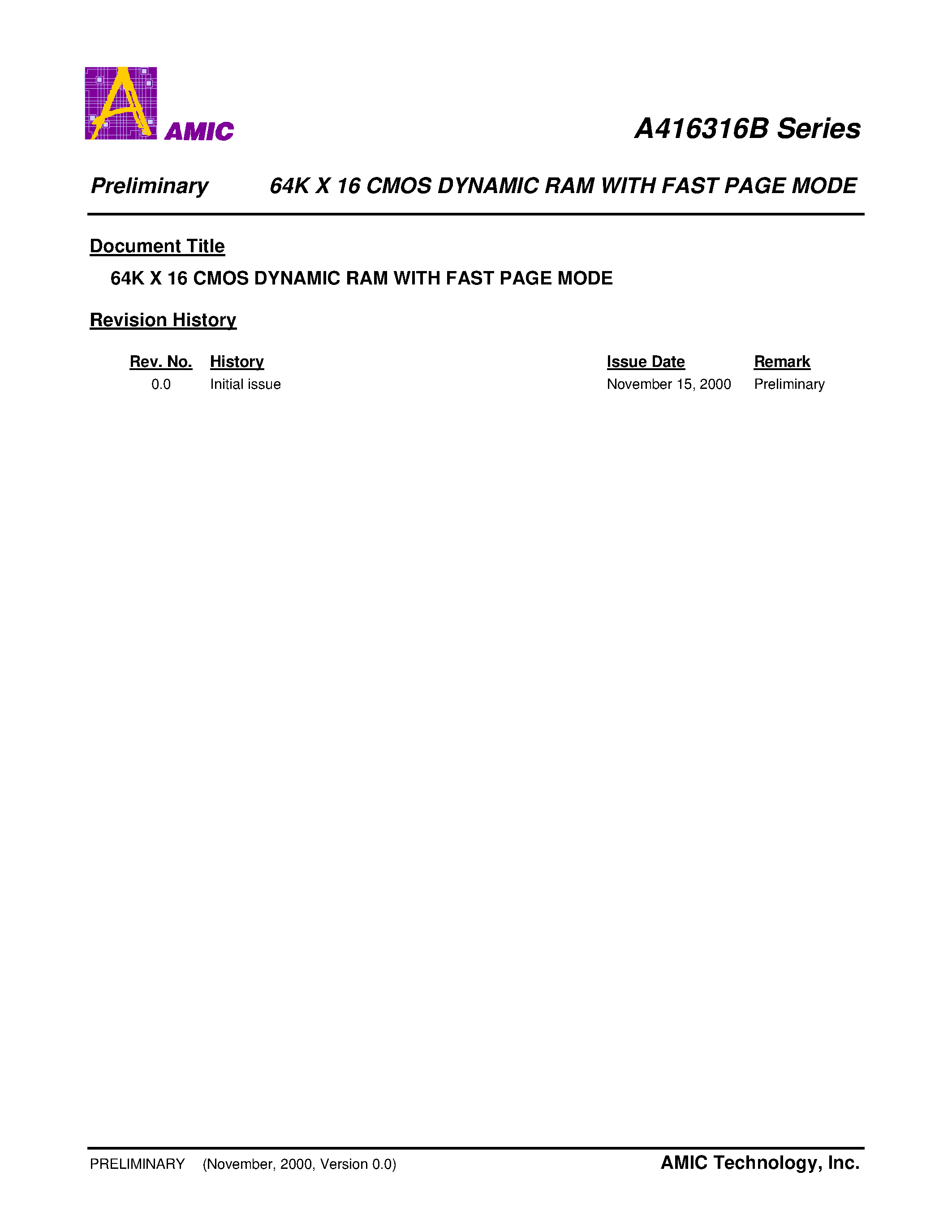 Datasheet A416316B - 64K X 16 CMOS DYNAMIC RAM WITH FAST PAGE MODE page 1