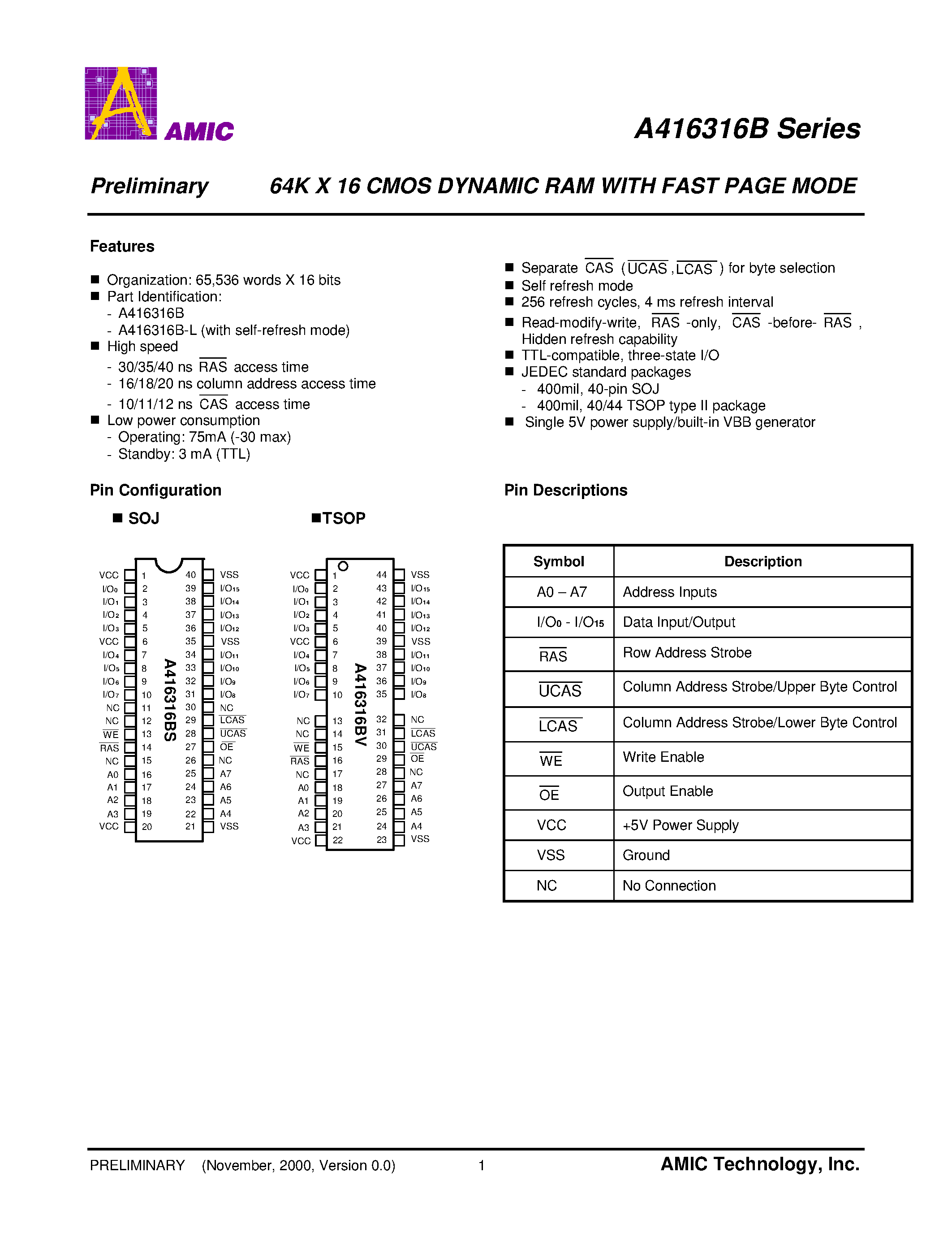 Datasheet A416316BV-40L - 64K X 16 CMOS DYNAMIC RAM WITH FAST PAGE MODE page 2