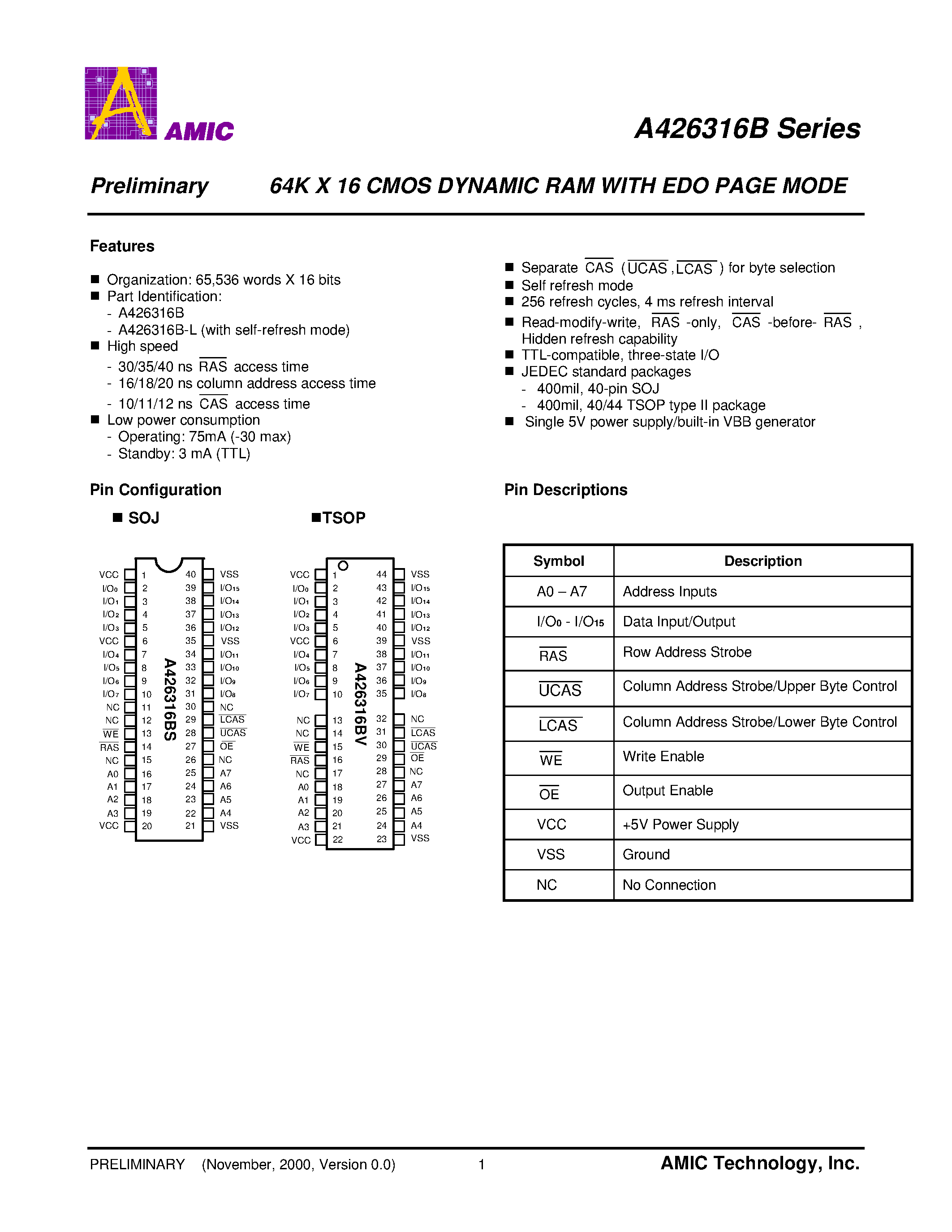 Datasheet A426316BS-35L - 64K X 16 CMOS DYNAMIC RAM WITH EDO PAGE MODE page 2