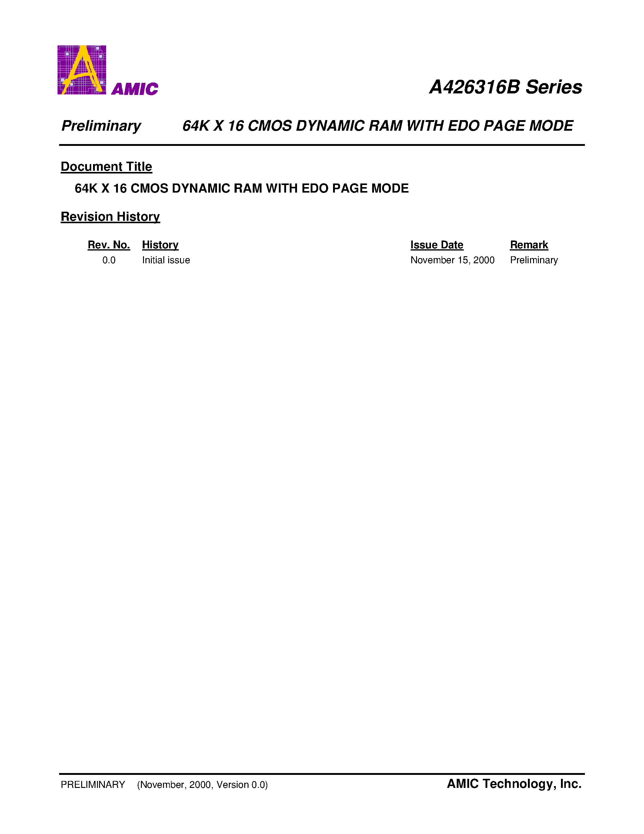 Datasheet A426316BV-35 - 64K X 16 CMOS DYNAMIC RAM WITH EDO PAGE MODE page 1